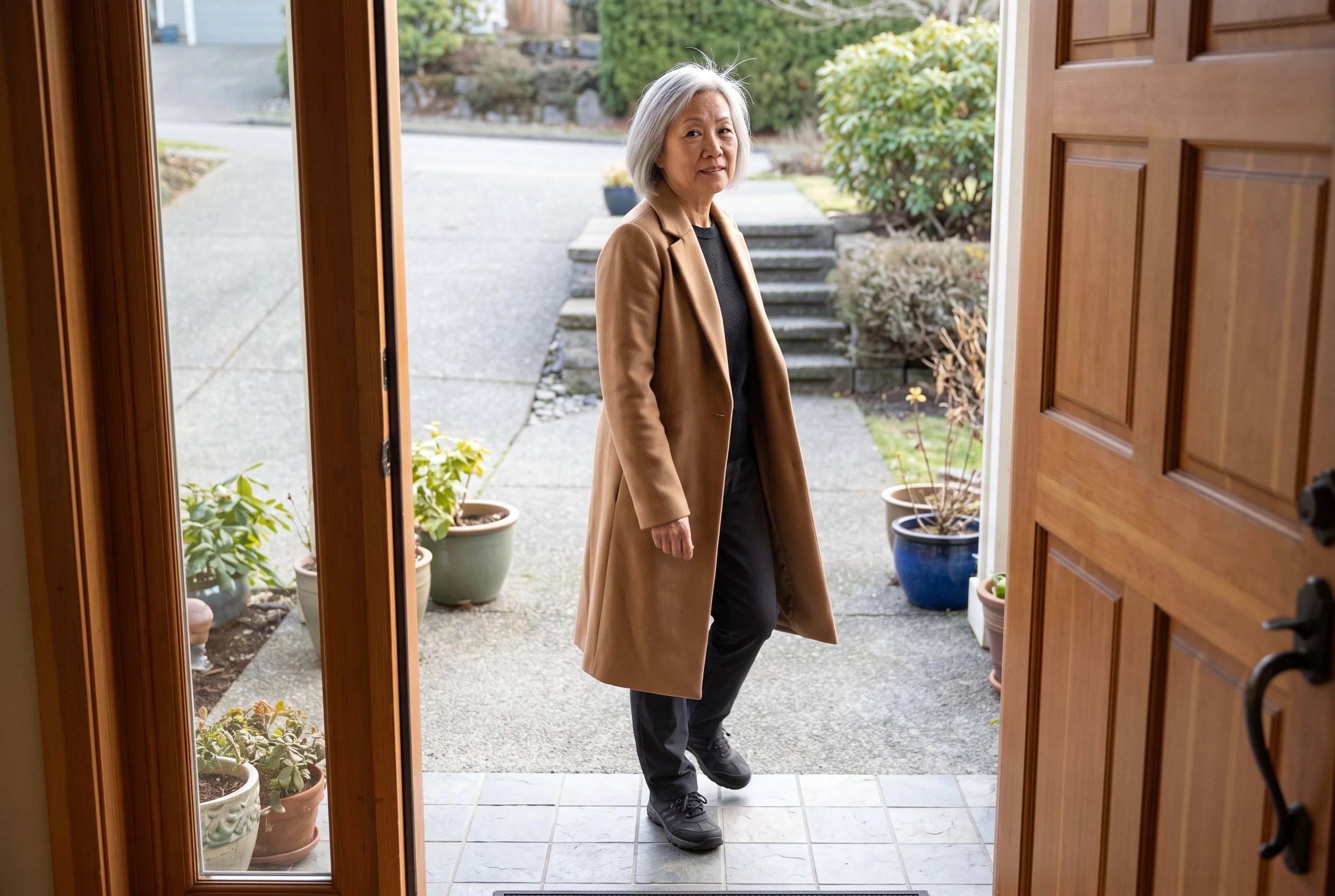 A woman in her sixties wearing a camel coat stands outside an open doorway.