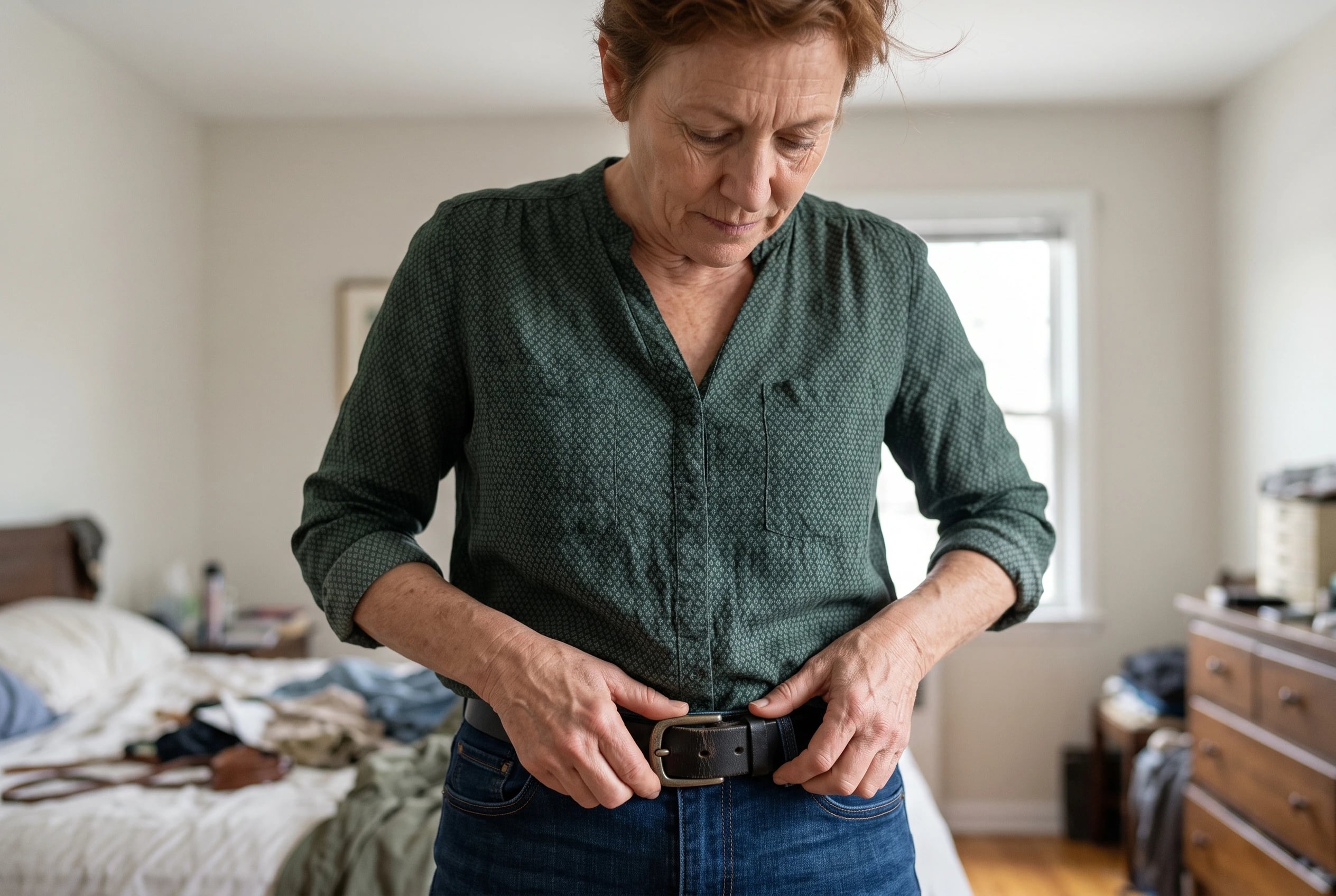 A woman in her sixties adjusts a black leather belt around her jeans.