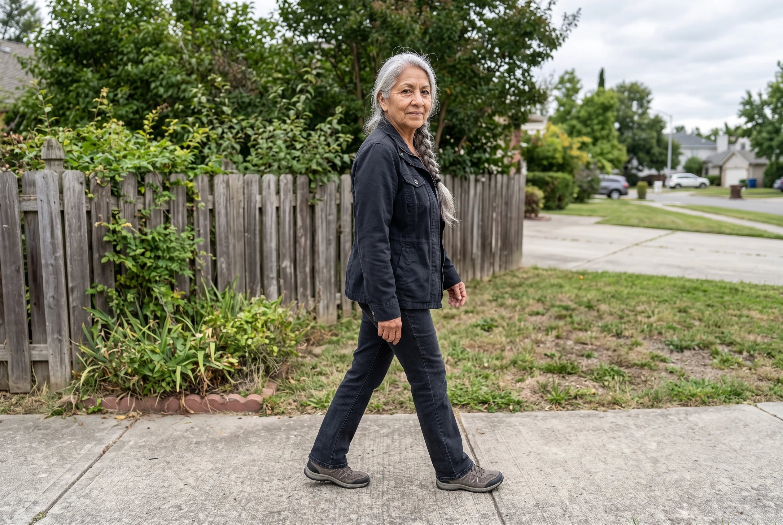 A woman in her sixties wearing dark straight jeans walks along a residential sidewalk.