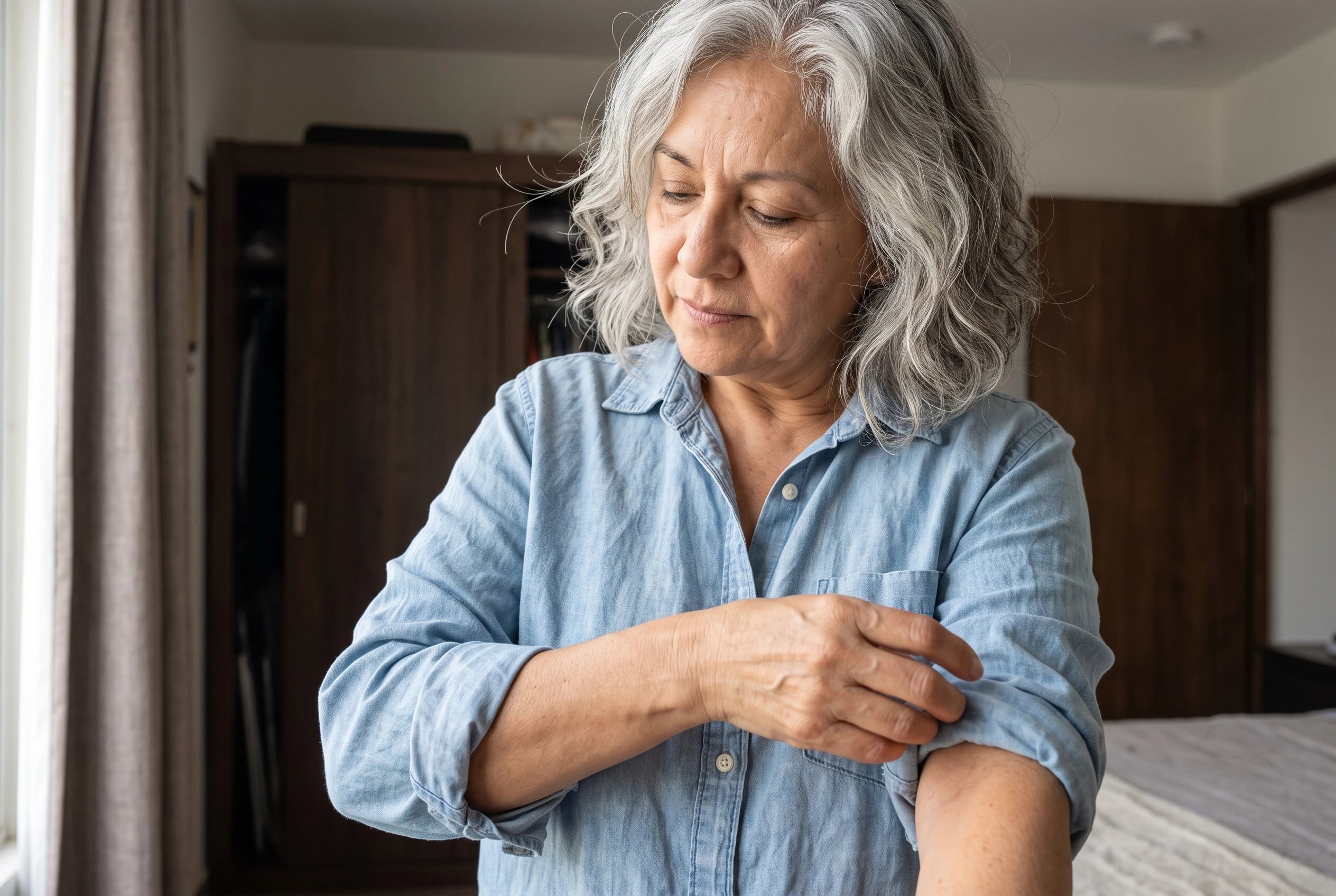 A woman in her sixties rolls up the sleeve of her light blue chambray shirt.