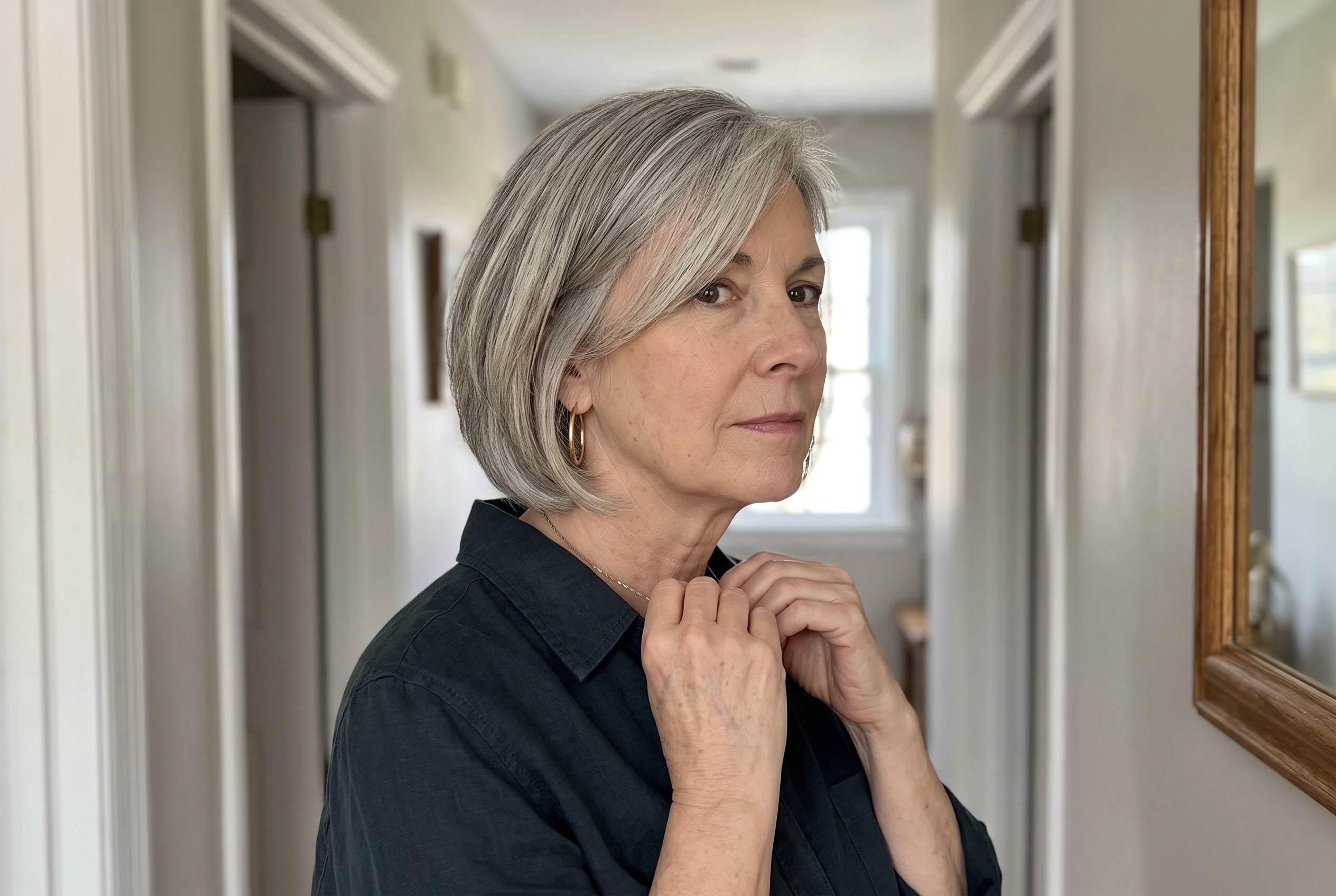 A woman in her sixties with grey hair wears gold hoop earrings in a hallway.