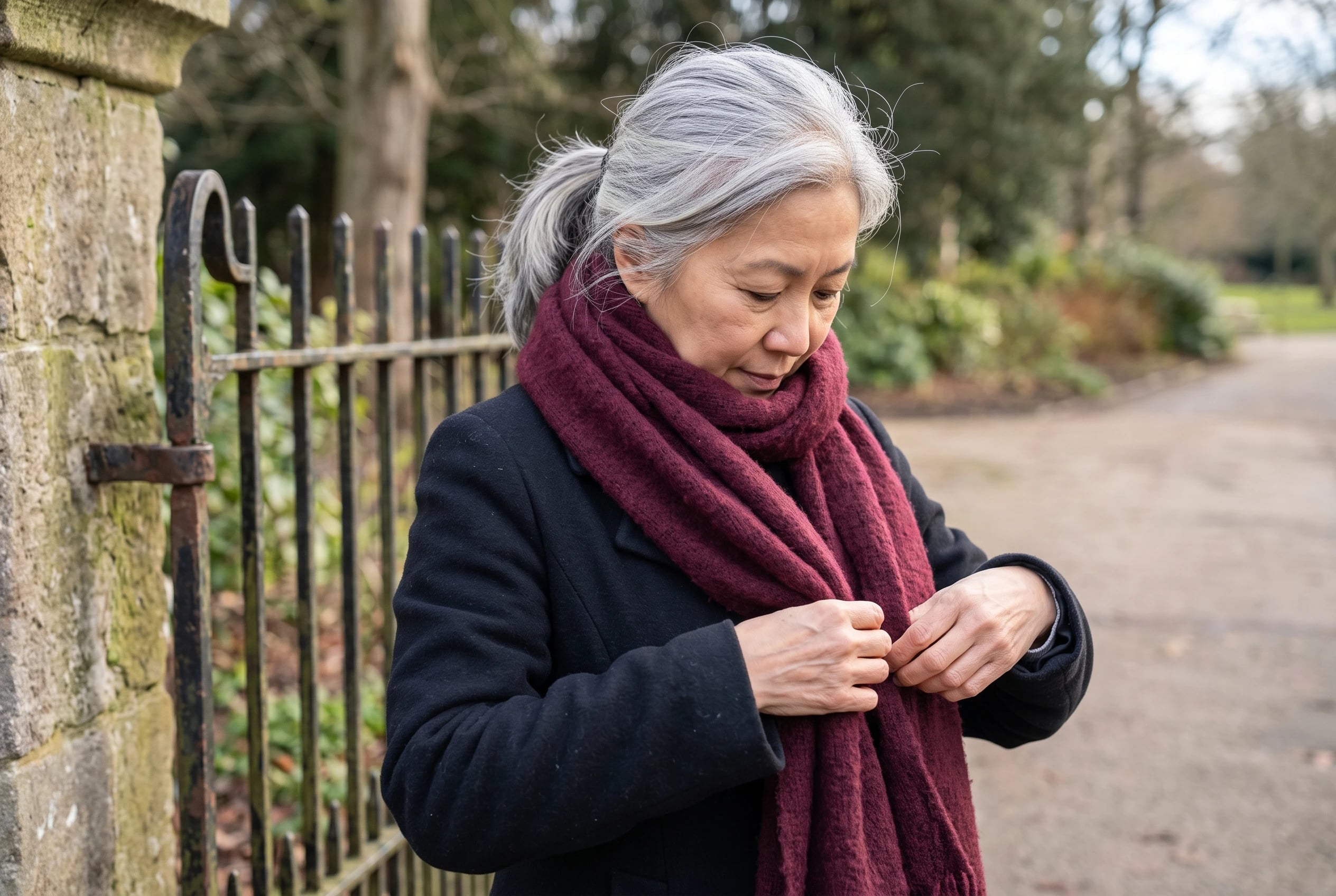 A woman in her sixties adjusts her burgundy wool scarf beside a park gate.