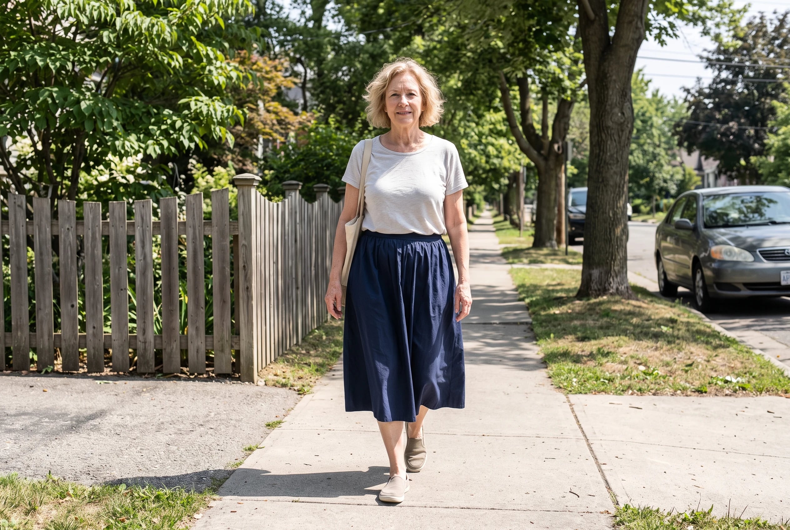 A woman in her sixties walks down a sunny sidewalk wearing a navy cotton skirt.