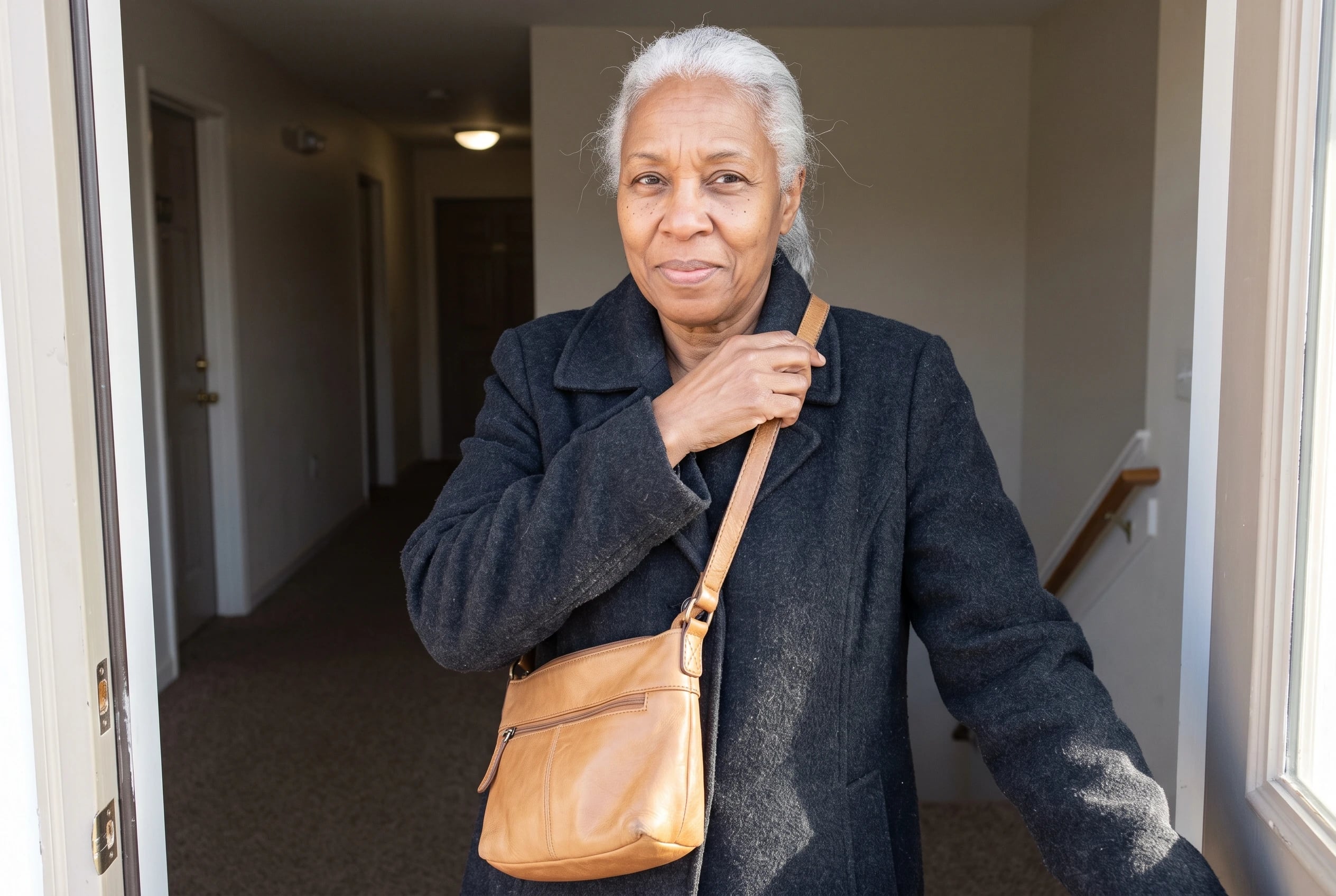 A woman in her sixties wears a tan leather crossbody bag over a dark coat.