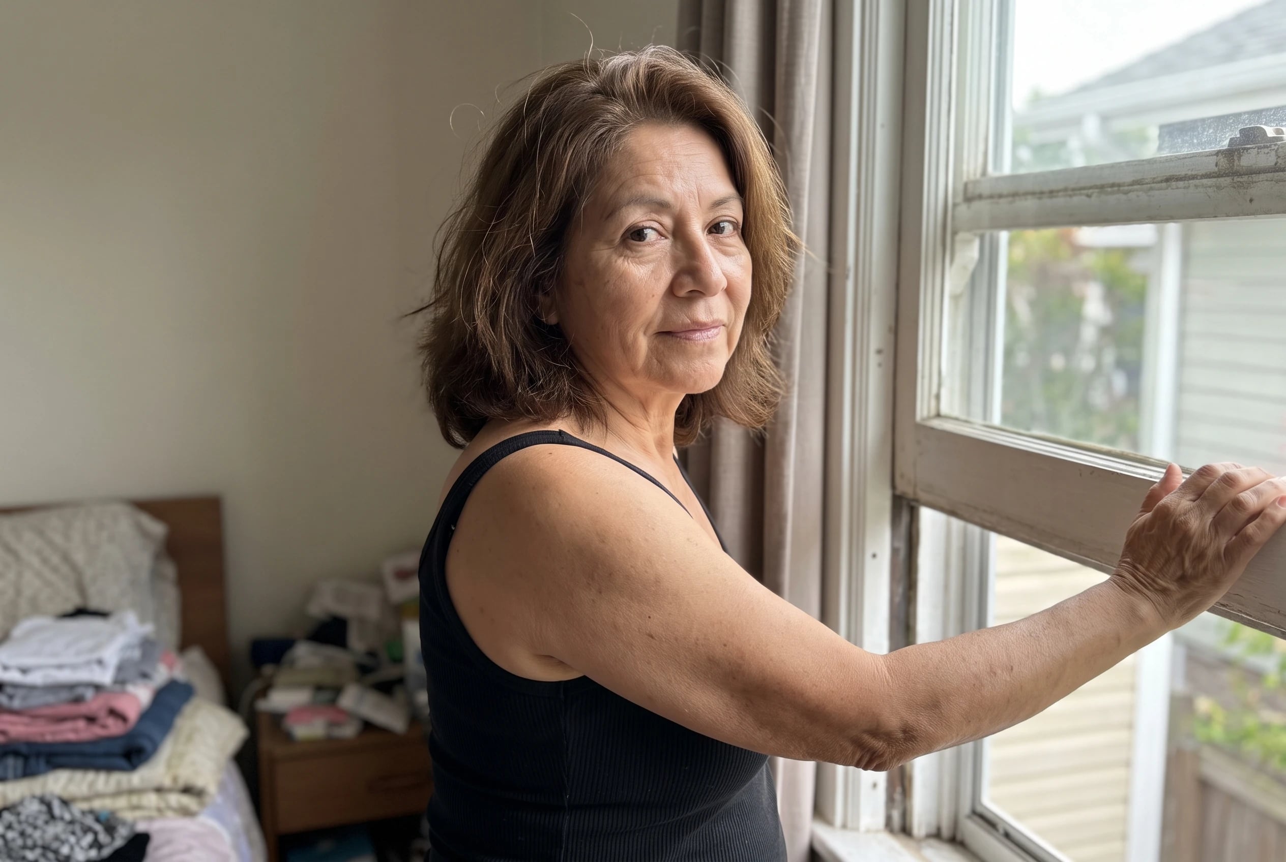 A woman in her sixties wearing a black ribbed tank stands beside an open window.