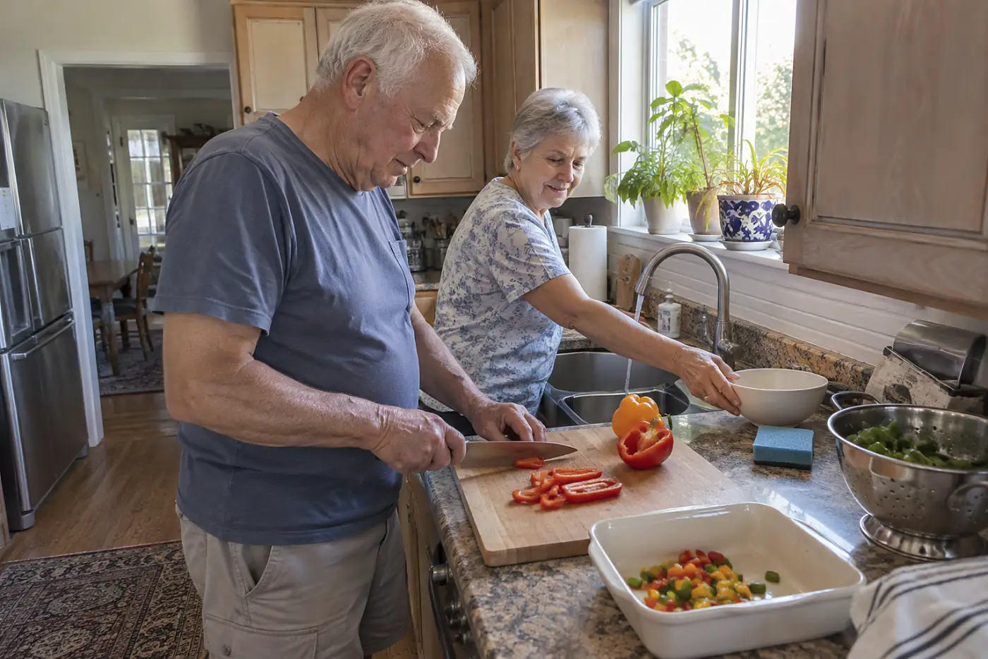 A man chops bell pepper for an egg bake beside a kitchen sink.