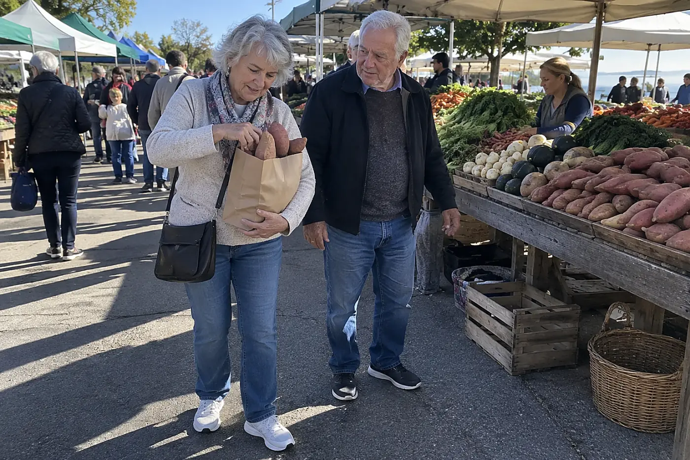 A woman carries sweet potatoes from a market stall in a paper bag.