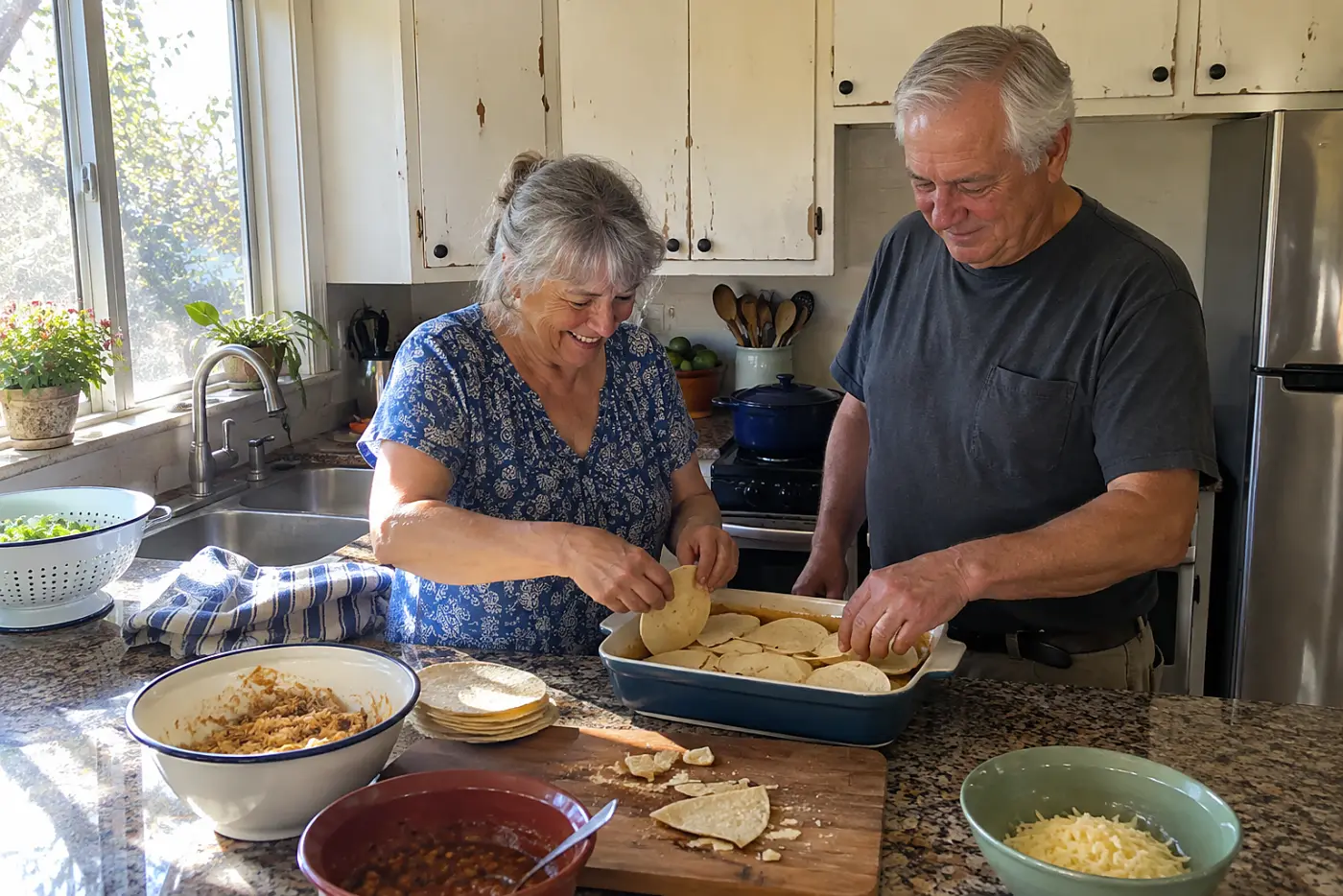 A woman stacks torn corn tortillas in a casserole dish at a kitchen counter.
