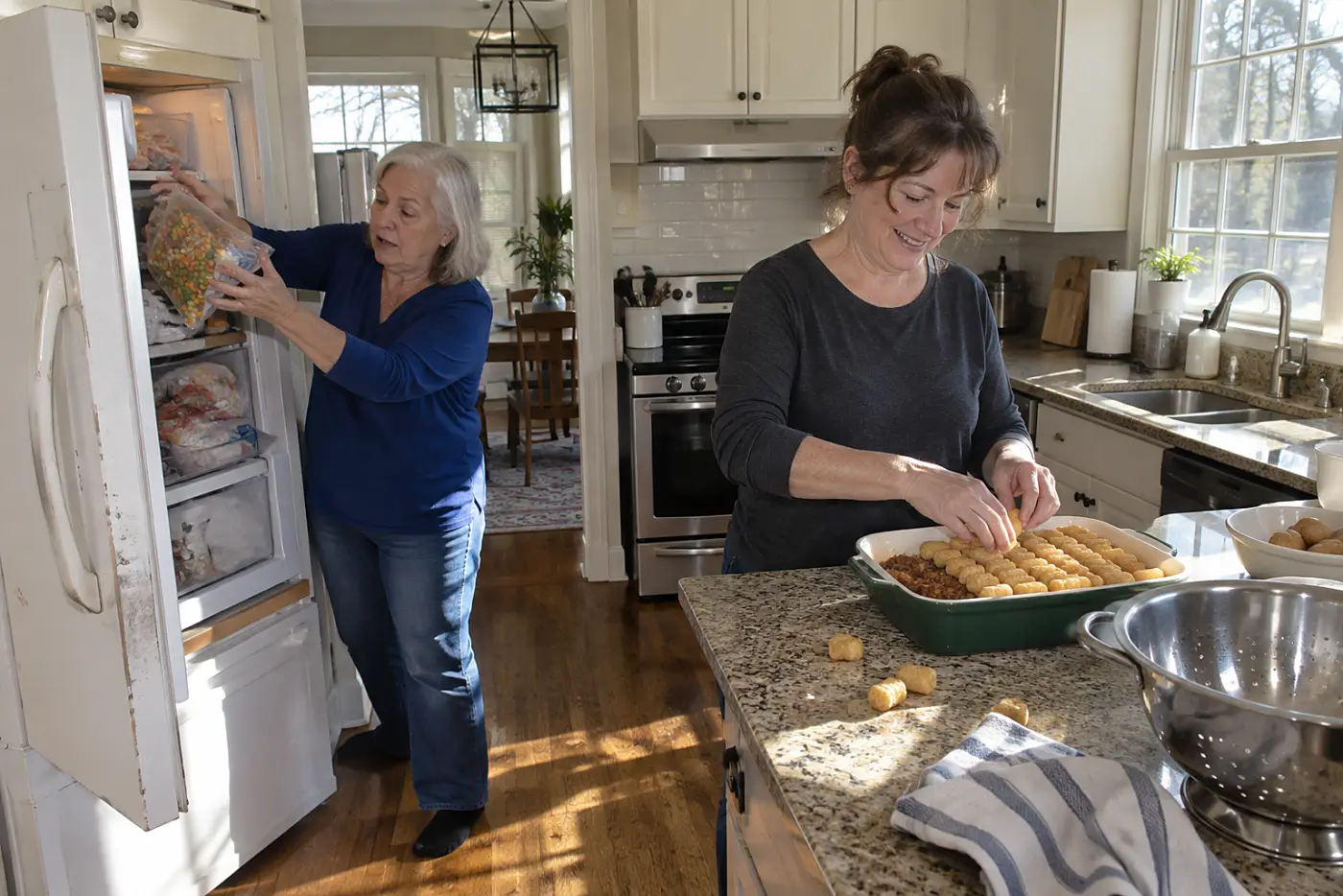 A woman arranges frozen tater tots over beef filling beside an open freezer.