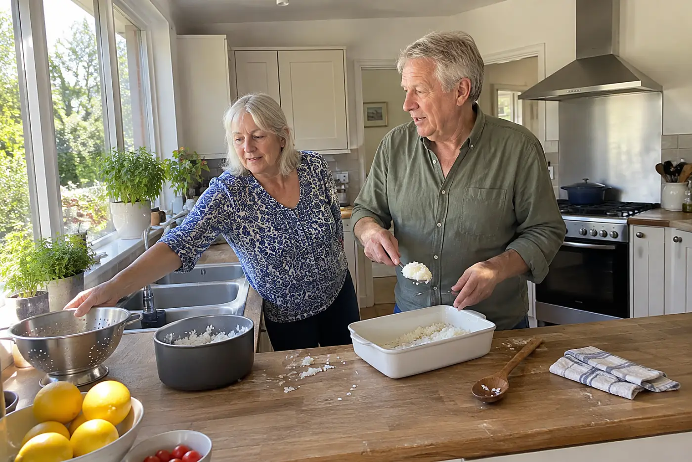 A man spoons cooked rice into a baking dish at a kitchen counter.