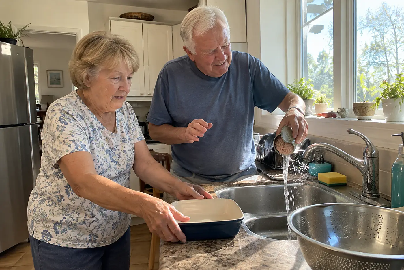 A man drains a can of tuna into the sink beside a small baking dish in a kitchen.