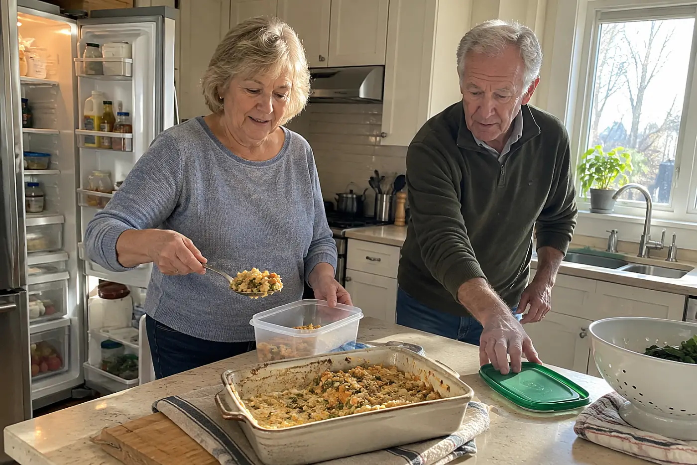 A woman places a single turkey casserole portion into a freezer container beside an open refrigerator.