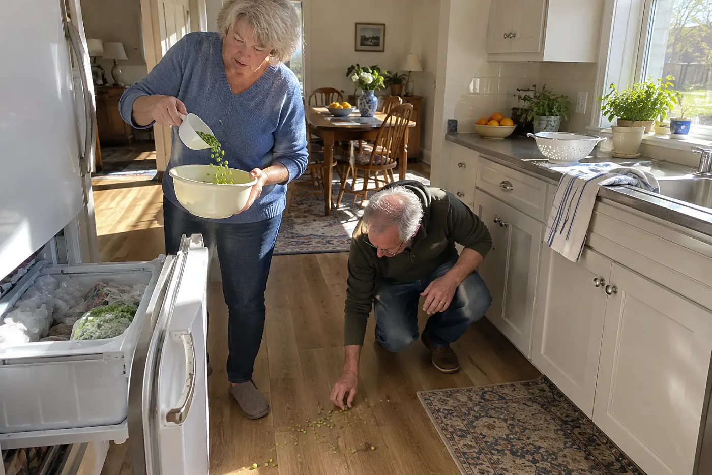 A woman measures frozen vegetables into a bowl beside an open freezer.