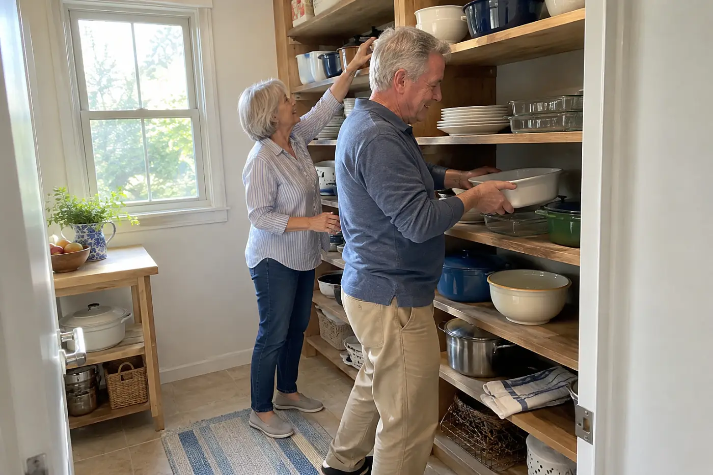 A man places an 8x8-inch baking dish on a shelf in a home pantry.