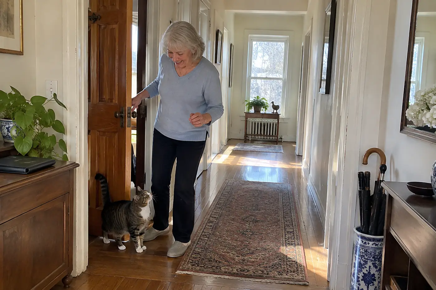 Woman opening her study door while her cat waits in the hall.