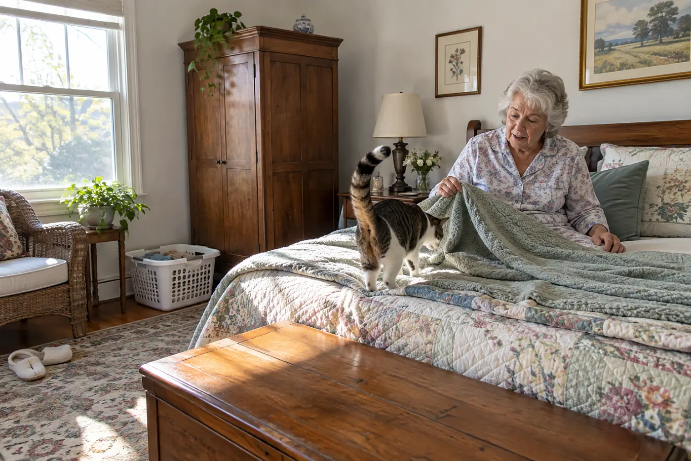 Older woman shifting a blanket over her feet as a cat settles at the foot of her bed.