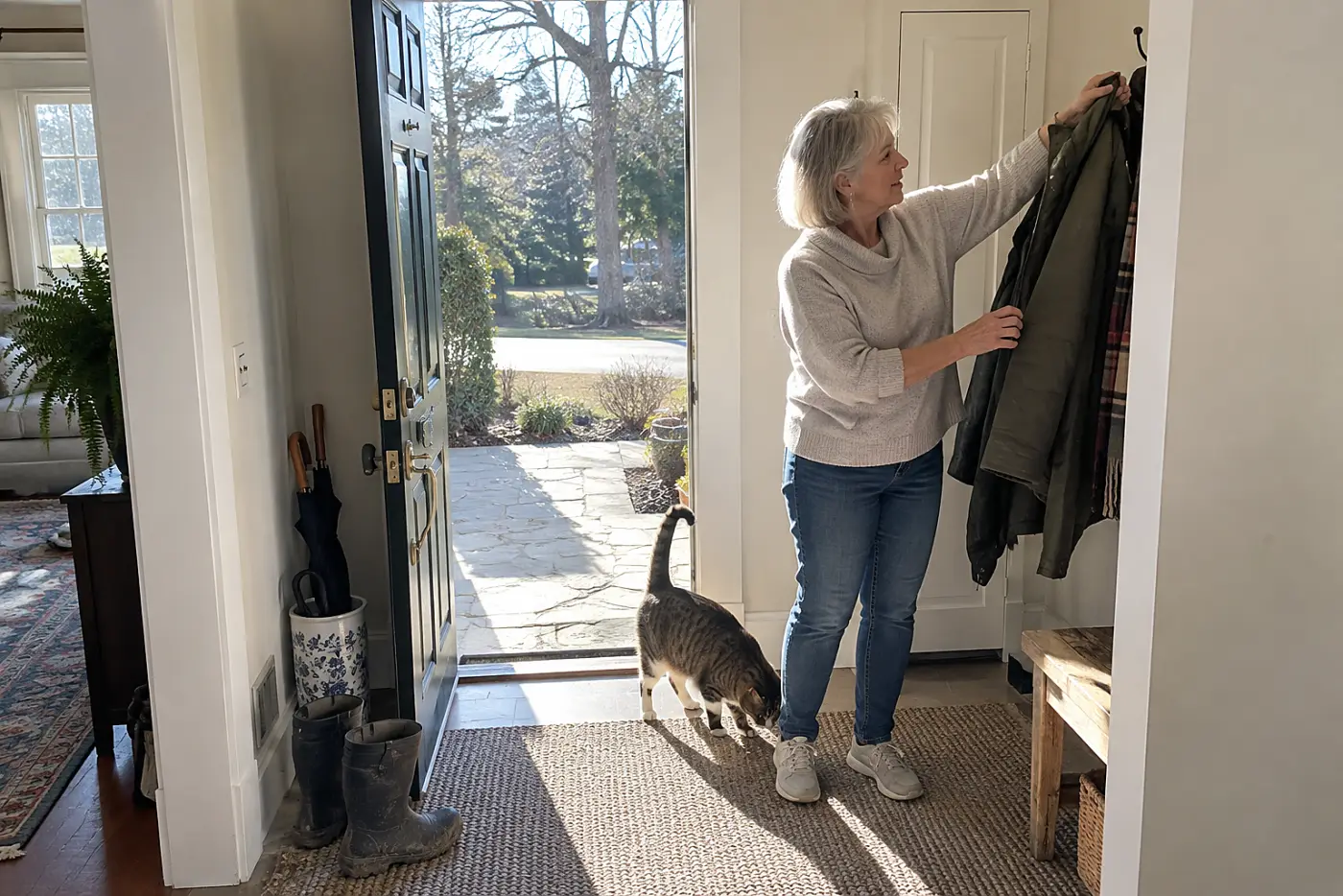 Woman hanging her coat by the front door while a cat sniffs her shoes.