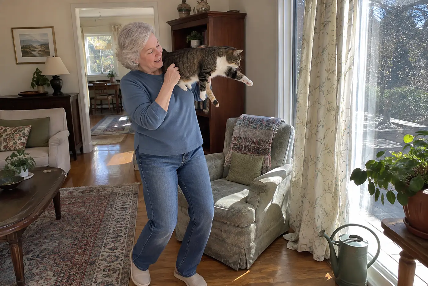 Older woman steadying a cat on her shoulder beside a living room window.
