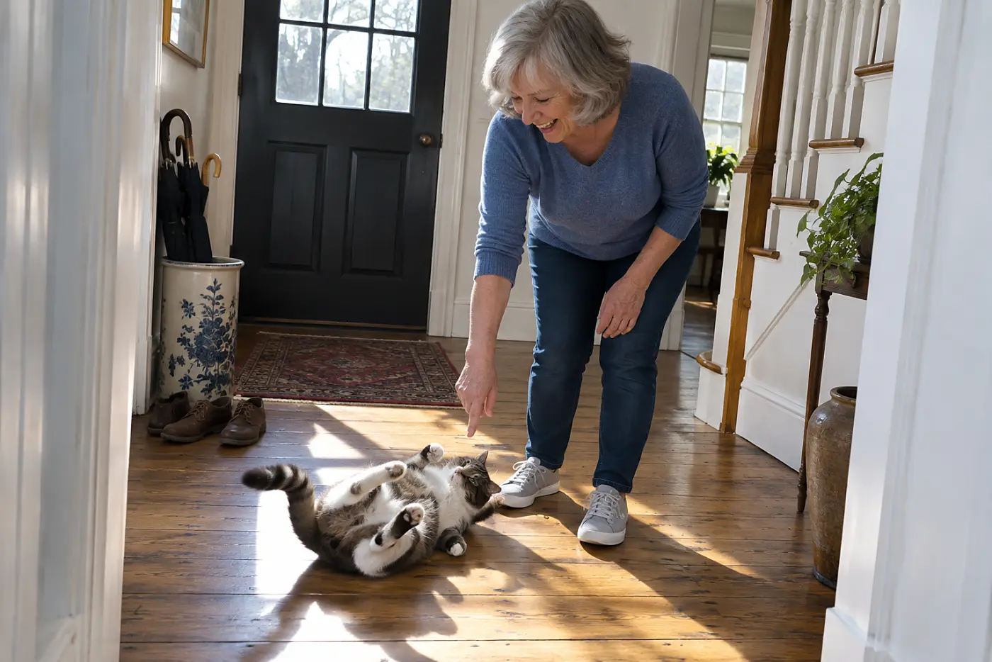 Woman offering a finger to a cat lying on its back in a hallway doorway.