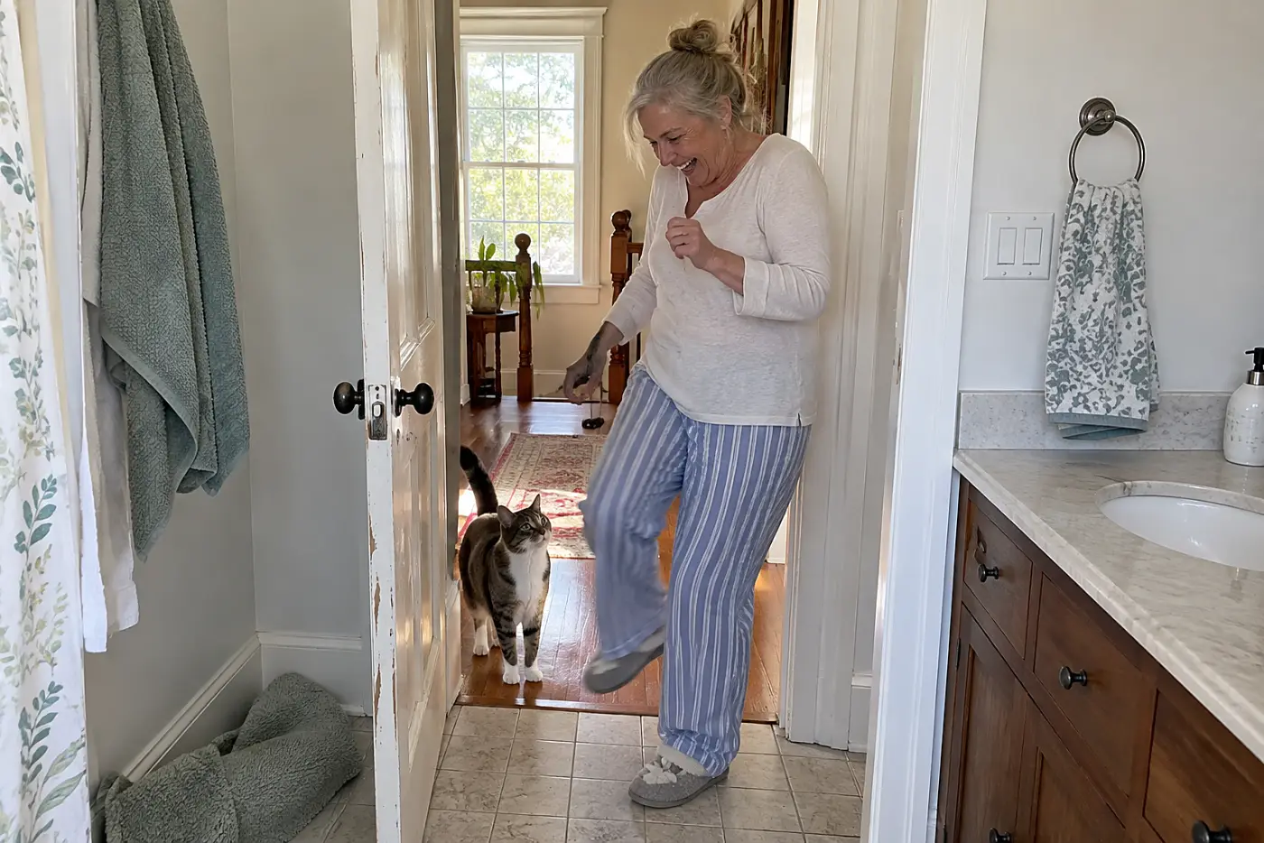 Woman opening a bathroom door to find her cat waiting on the other side.