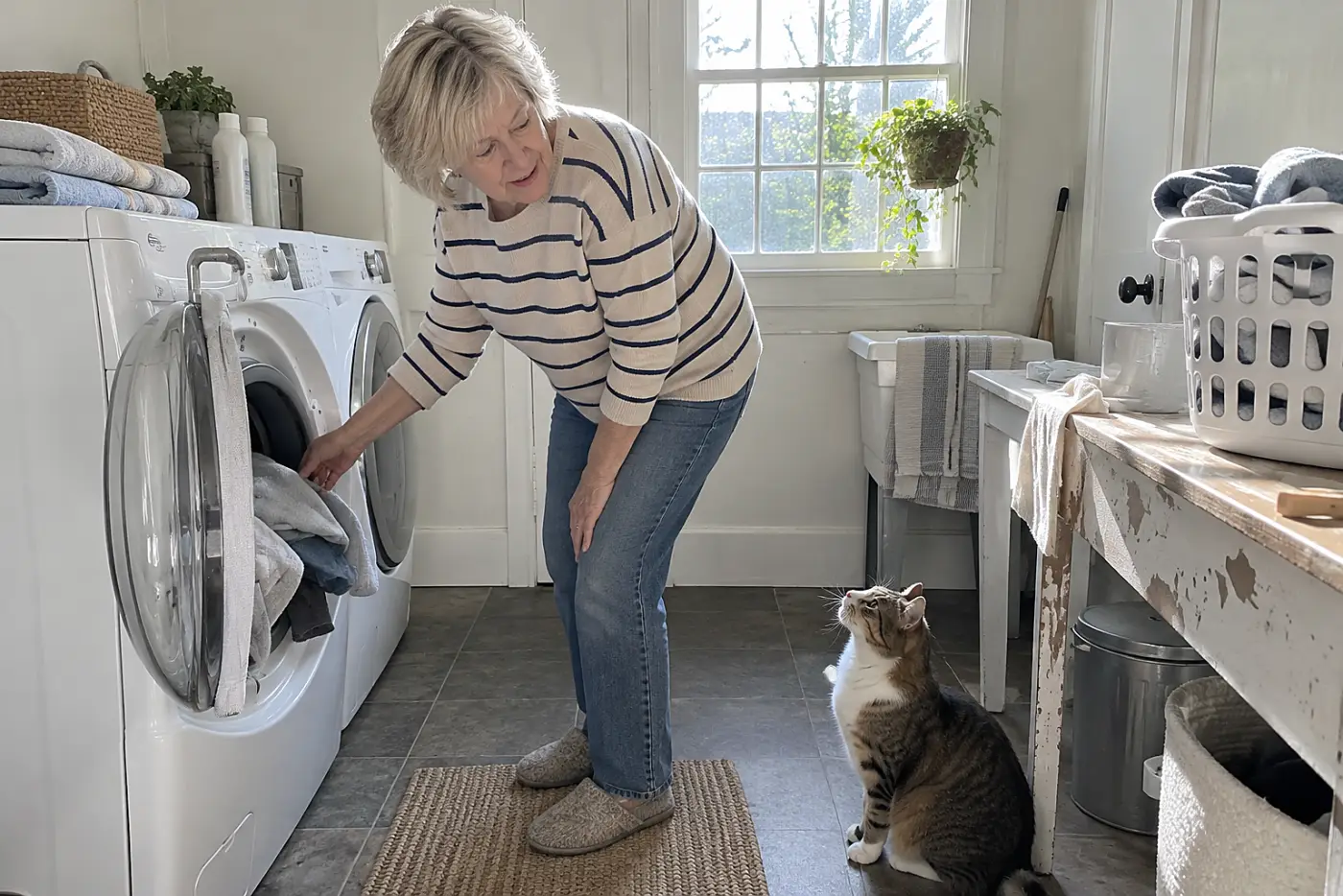 Woman checking the open drum of a washing machine while her cat watches from the laundry room floor.