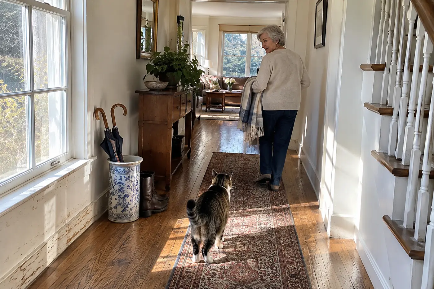 Older woman walking down a hallway with a cat following a few steps behind.