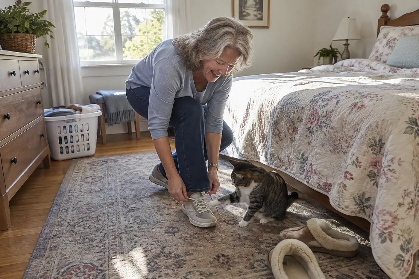 Woman tying her shoes beside a bedroom bed while a cat bats at a loose lace.