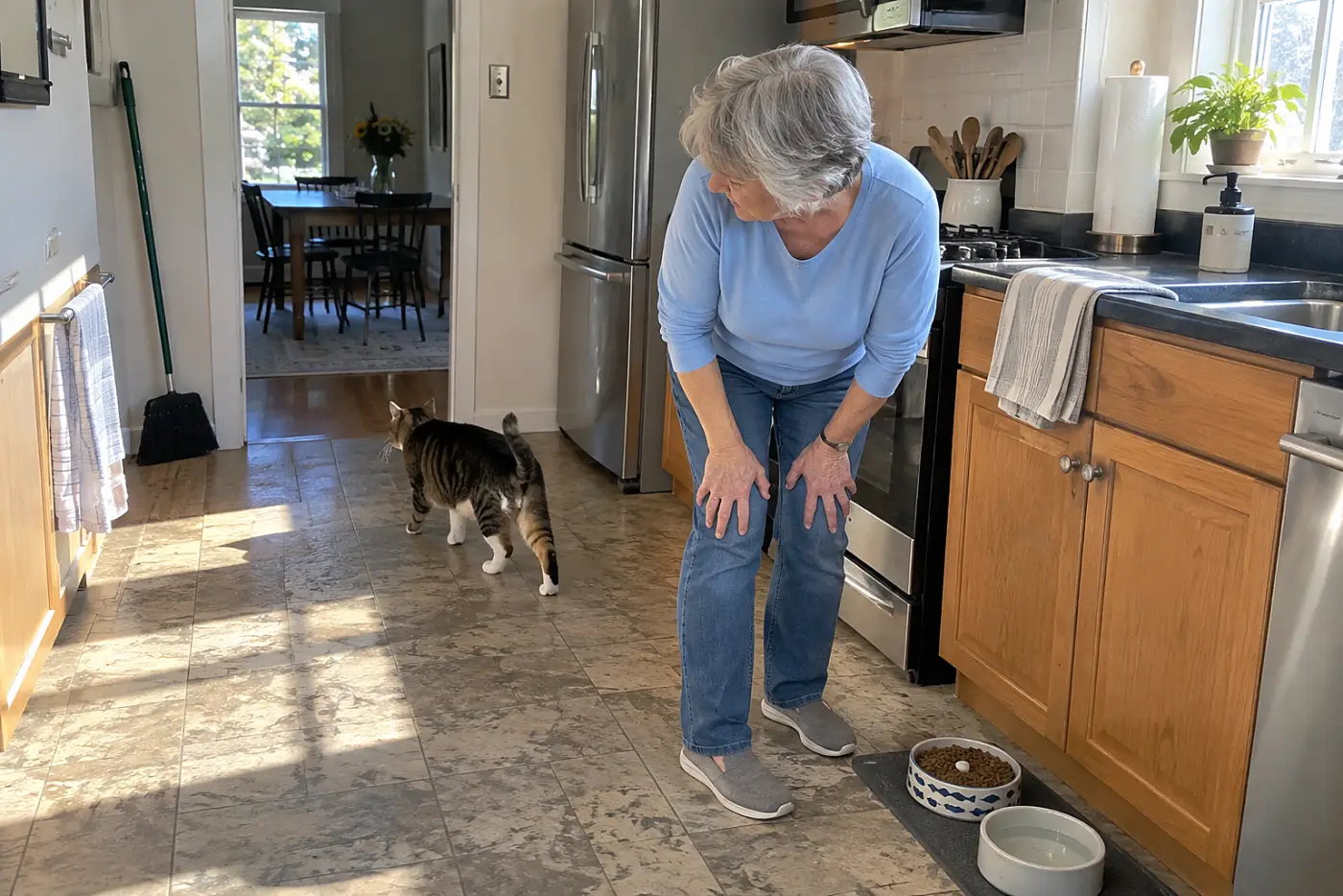 Woman looking at a tablet left in her cat's food bowl on the kitchen floor.