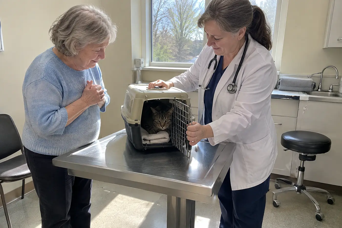 Older woman standing beside her cat's carrier in a veterinary exam room.