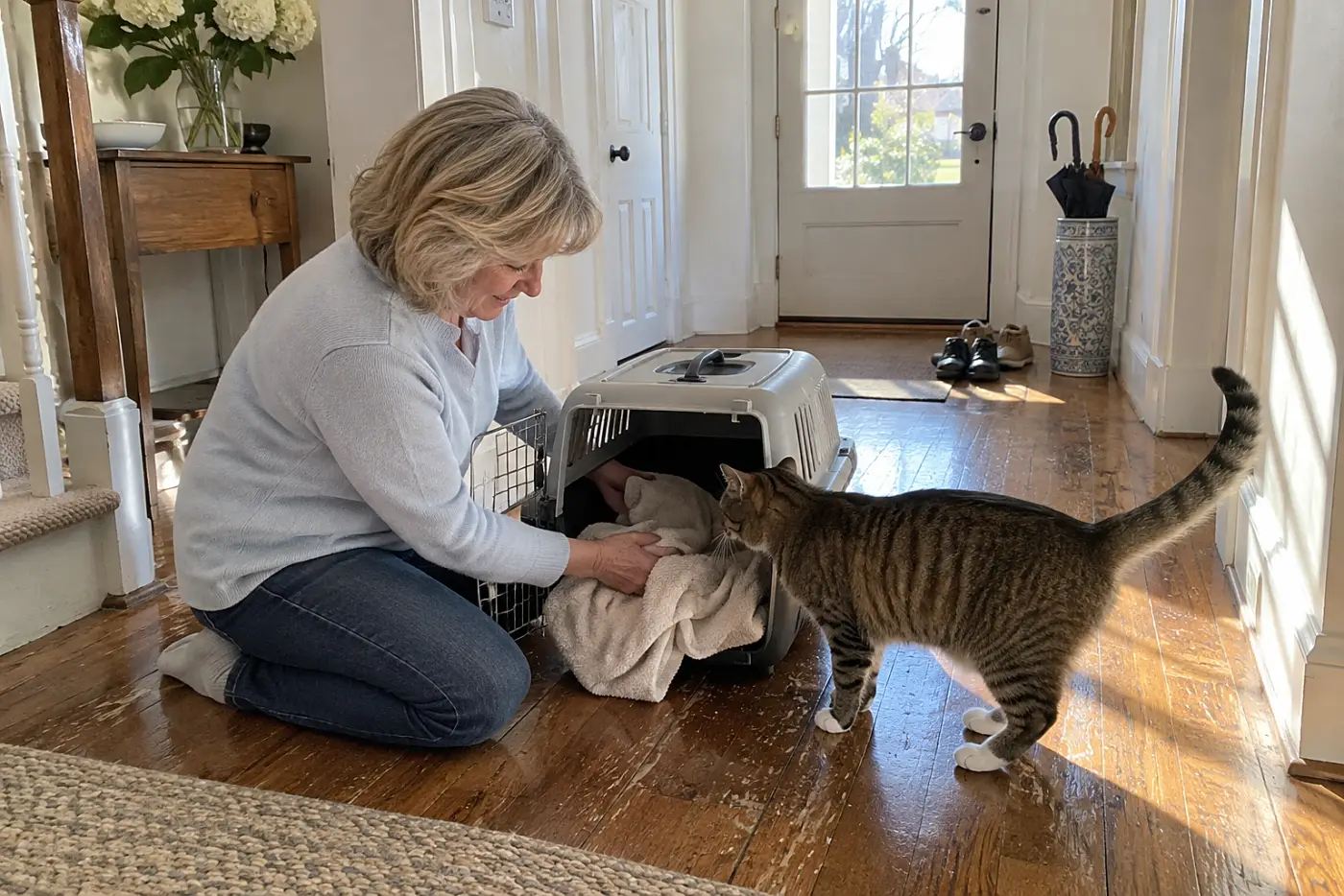 Woman placing a towel inside an open cat carrier in her hallway.