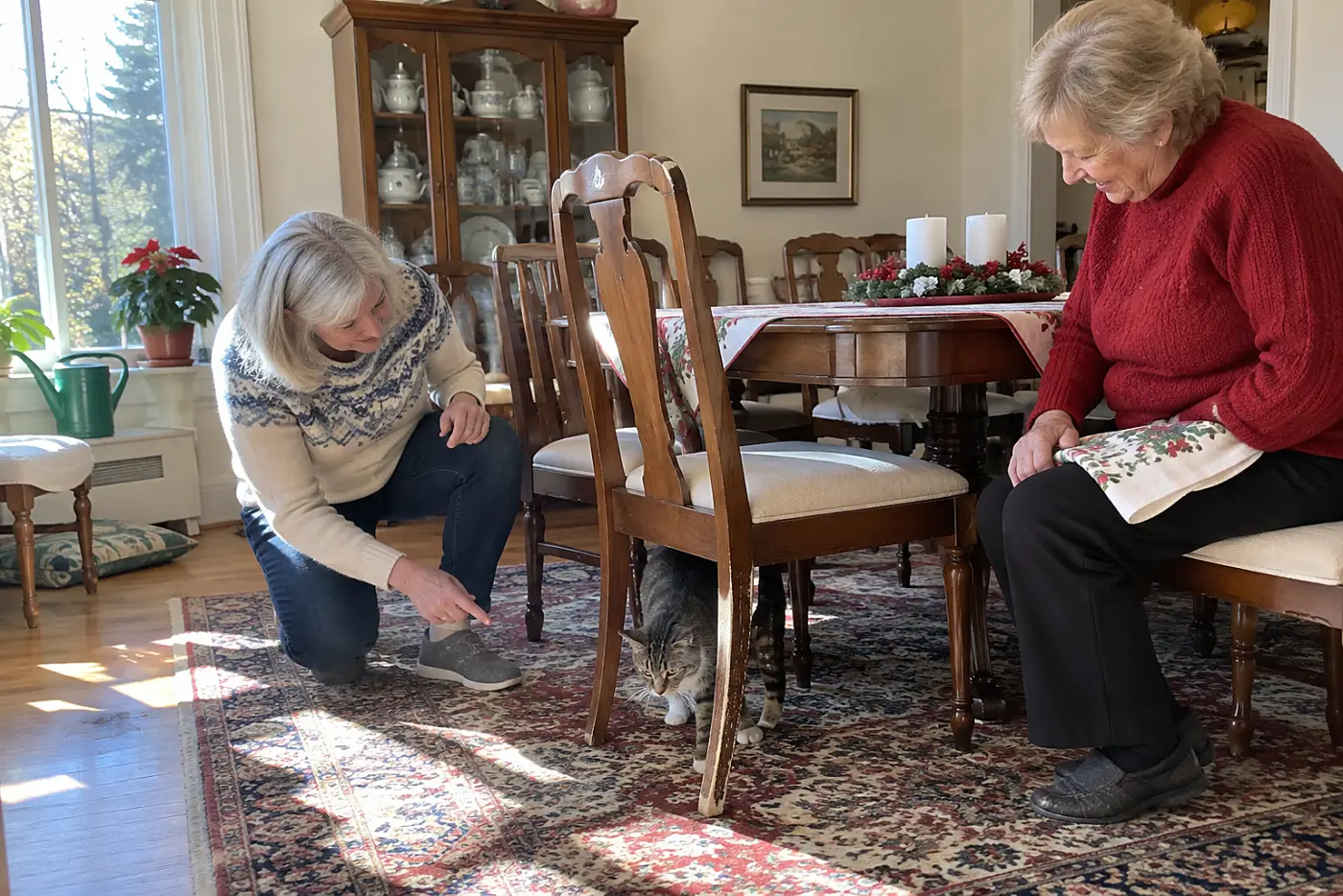 Woman pointing out her cat beneath a dining chair at a holiday table.