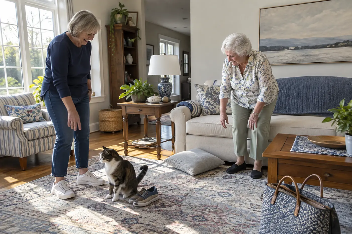 Older woman watching her cat walk away from a visitor and settle beside her shoes in the living room.