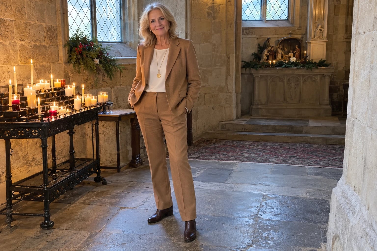 A woman in her sixties stands in a stone chapel beside lit candles, wearing a camel wool pantsuit, ivory top, gold pendant and brown ankle boots.