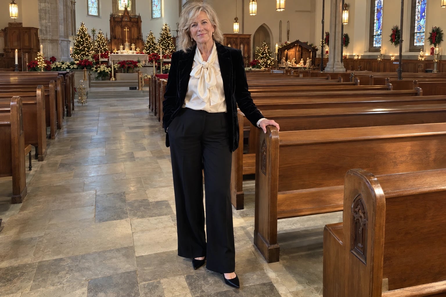 A woman in her sixties stands in a church aisle wearing an ivory bow blouse, black velvet blazer, and wide-leg trousers.