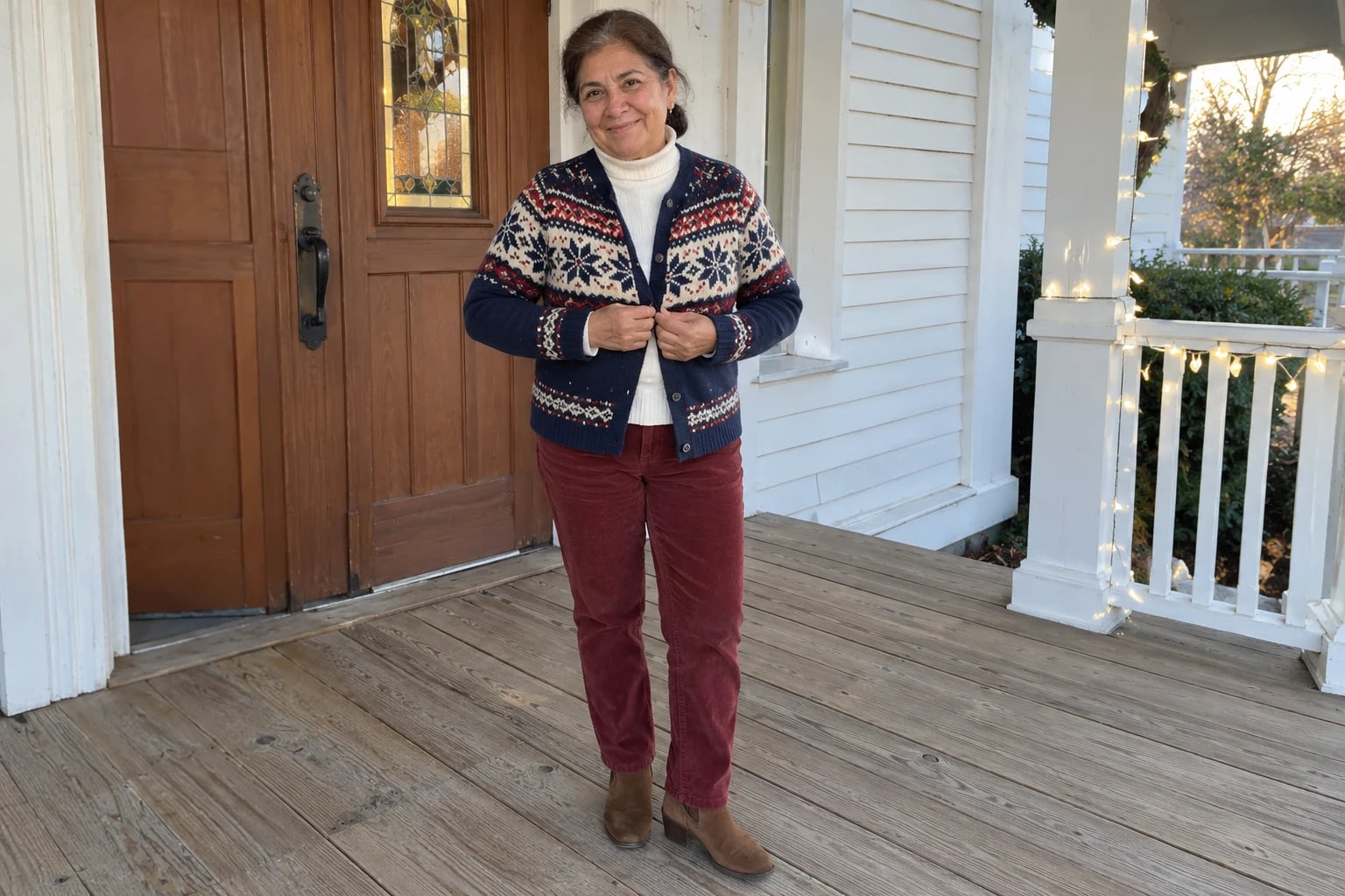 A woman in her sixties stands on a church porch in cranberry corduroys, a Fair Isle cardigan, and suede ankle boots.