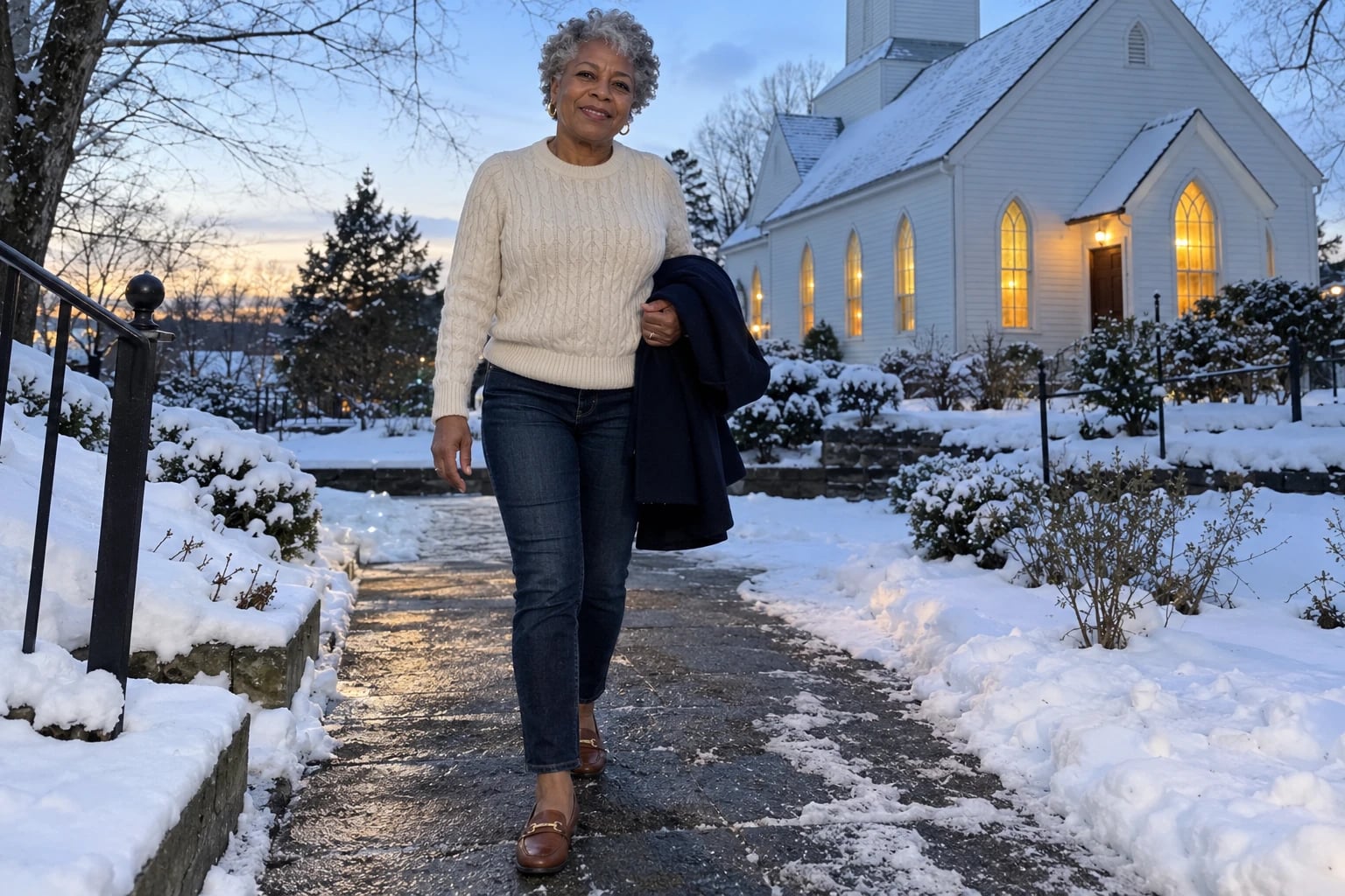 A woman in her late fifties walks a snowy path toward a lit white church in dark jeans and a cream cable-knit sweater.