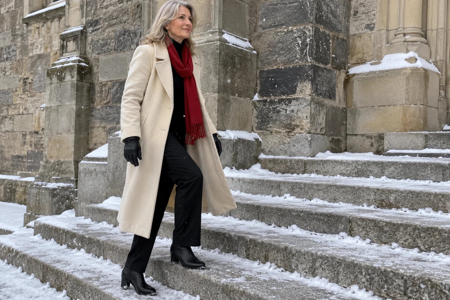 A woman in her sixties climbs snowy stone church steps in a cream wool coat, black outfit, and red scarf.
