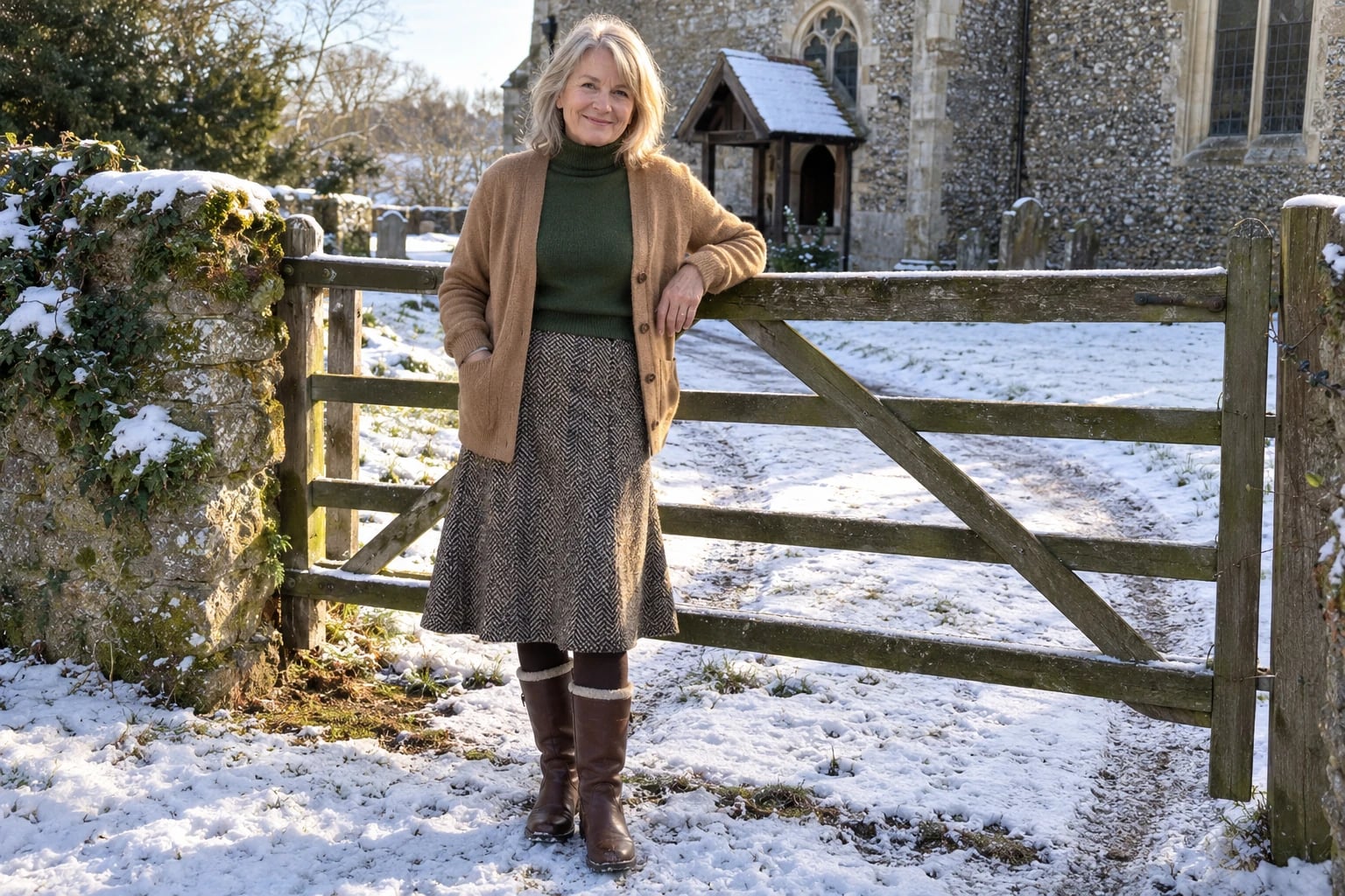 A woman in her sixties leans on a snowy wooden gate near a stone church in a tweed midi skirt, camel cardigan and knee-high boots.
