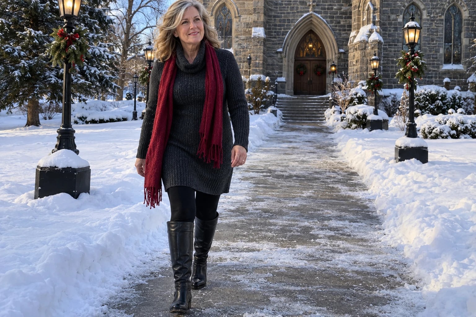 A woman in her late fifties walks a snowy path toward a stone church in a charcoal sweater dress, red scarf, and black boots.