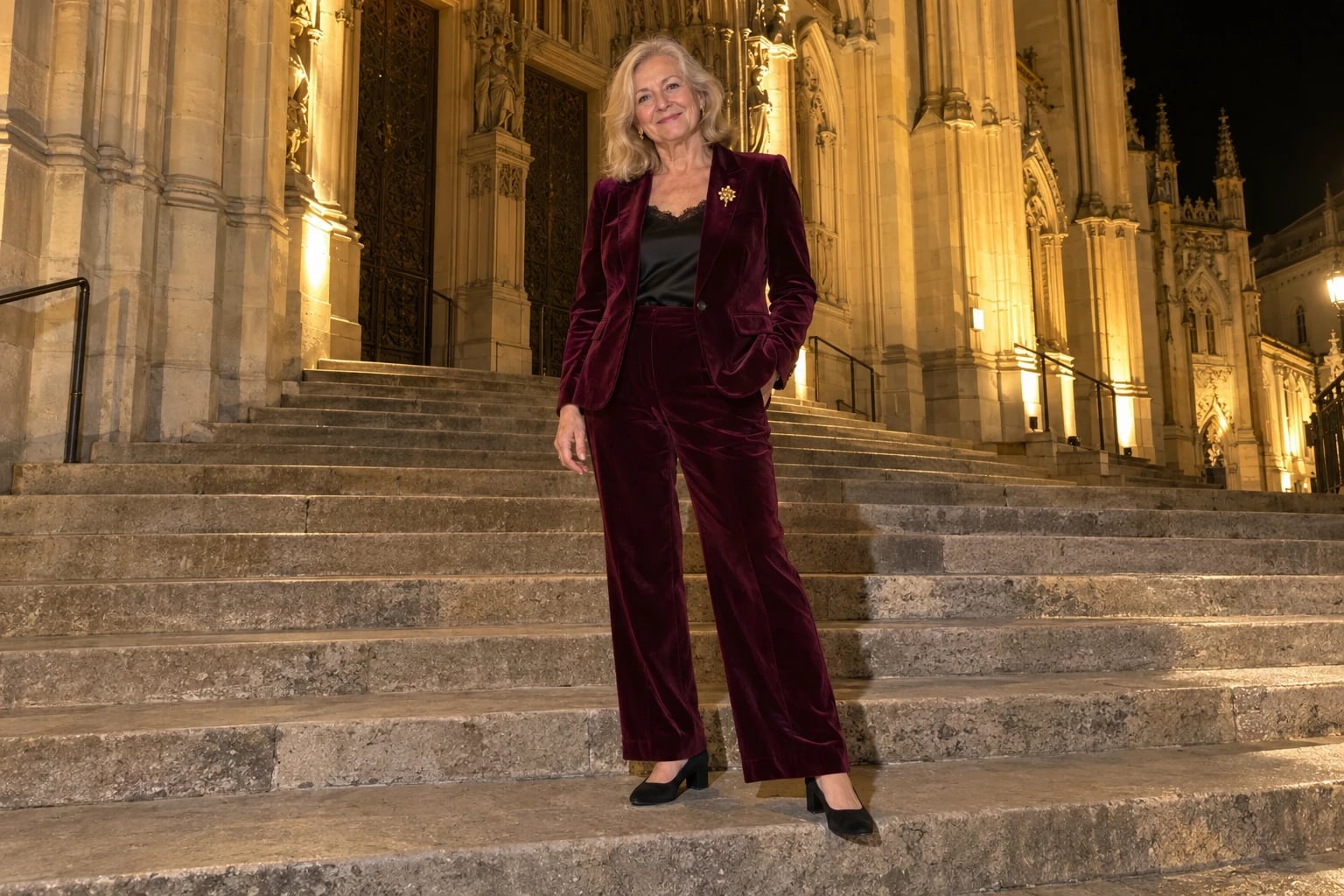 A woman in her sixties stands on illuminated cathedral steps wearing a burgundy velvet pantsuit with a gold brooch and black pumps.