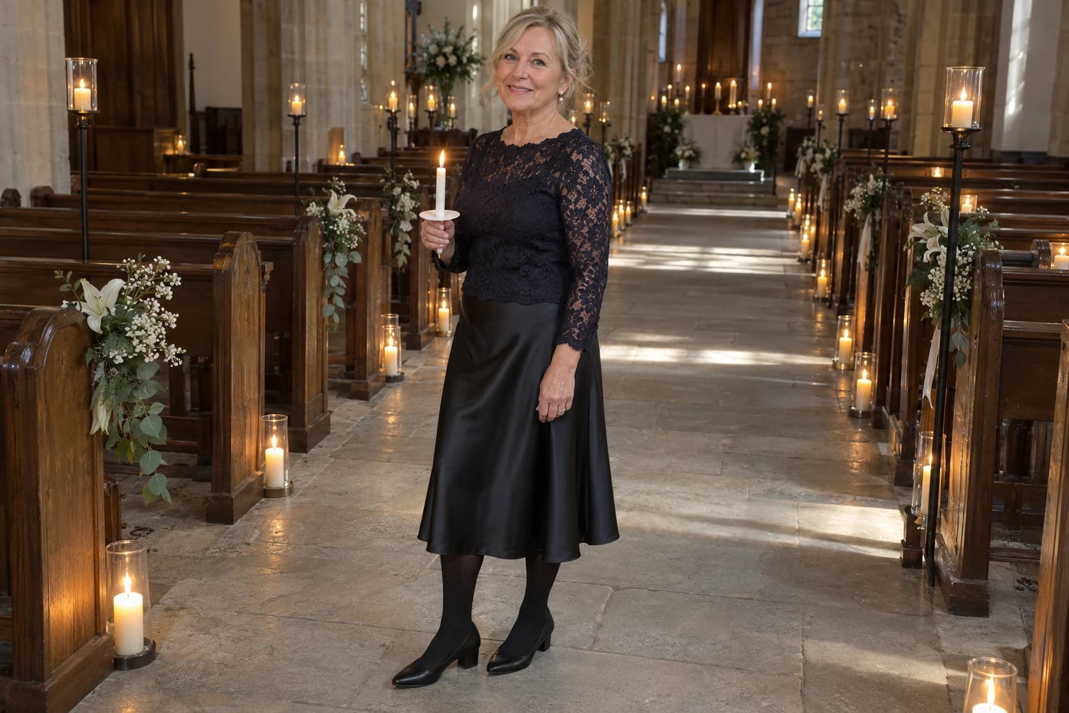 A woman in her sixties holds a lit taper in a candlelit church aisle, wearing a midnight blue lace top and black satin skirt.