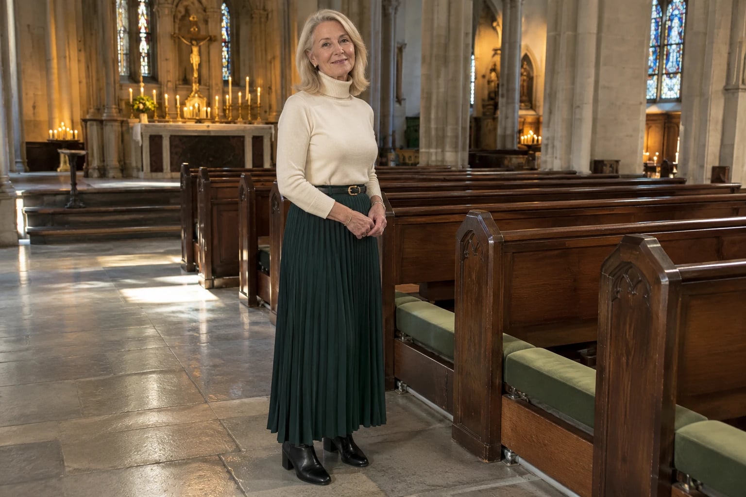 A woman in her sixties stands by church pews in a pleated bottle green skirt, cream turtleneck and black boots.