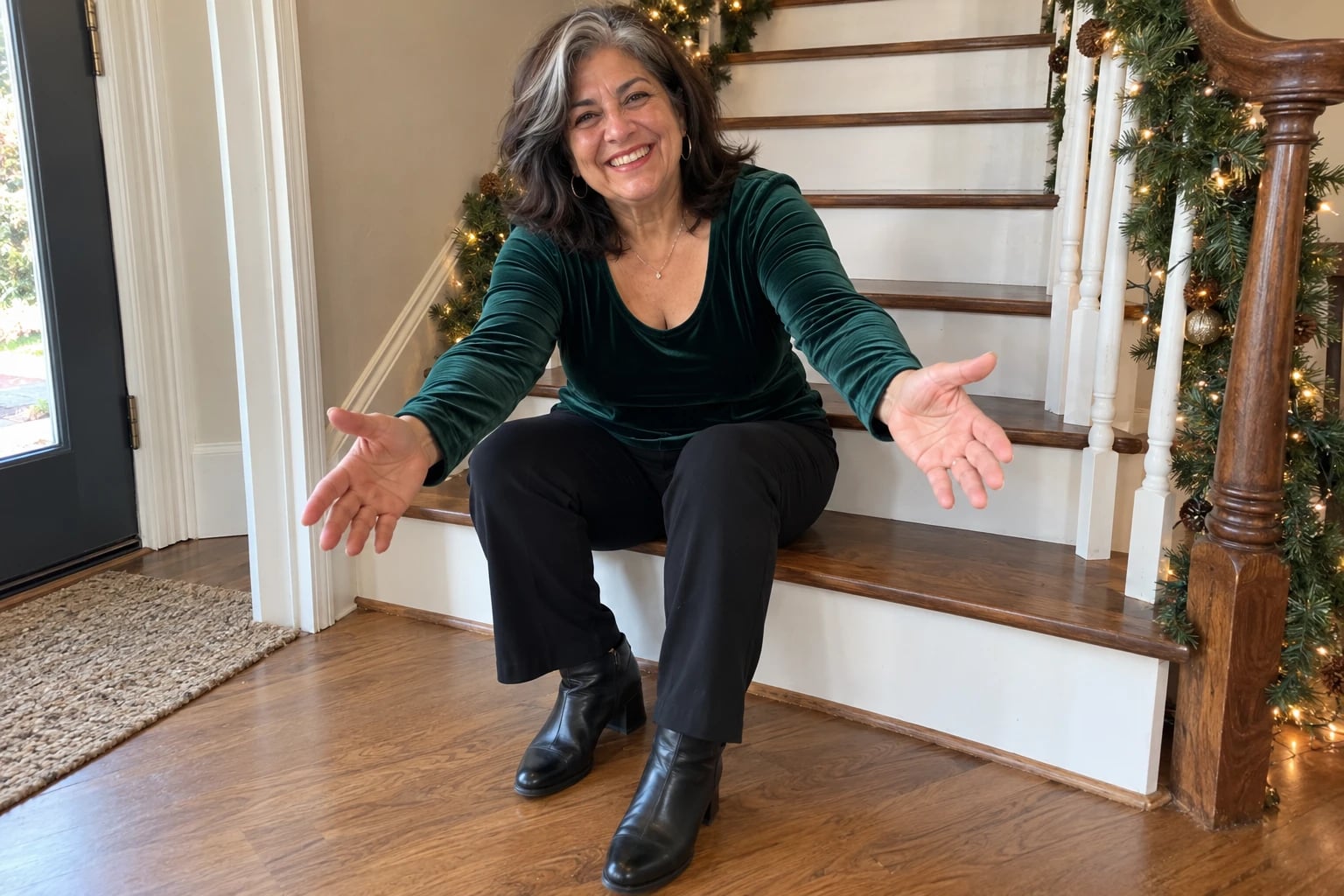 A woman in her early sixties sits on a garland-wrapped staircase in a green velvet top, black pants and block-heel boots, arms open wide.
