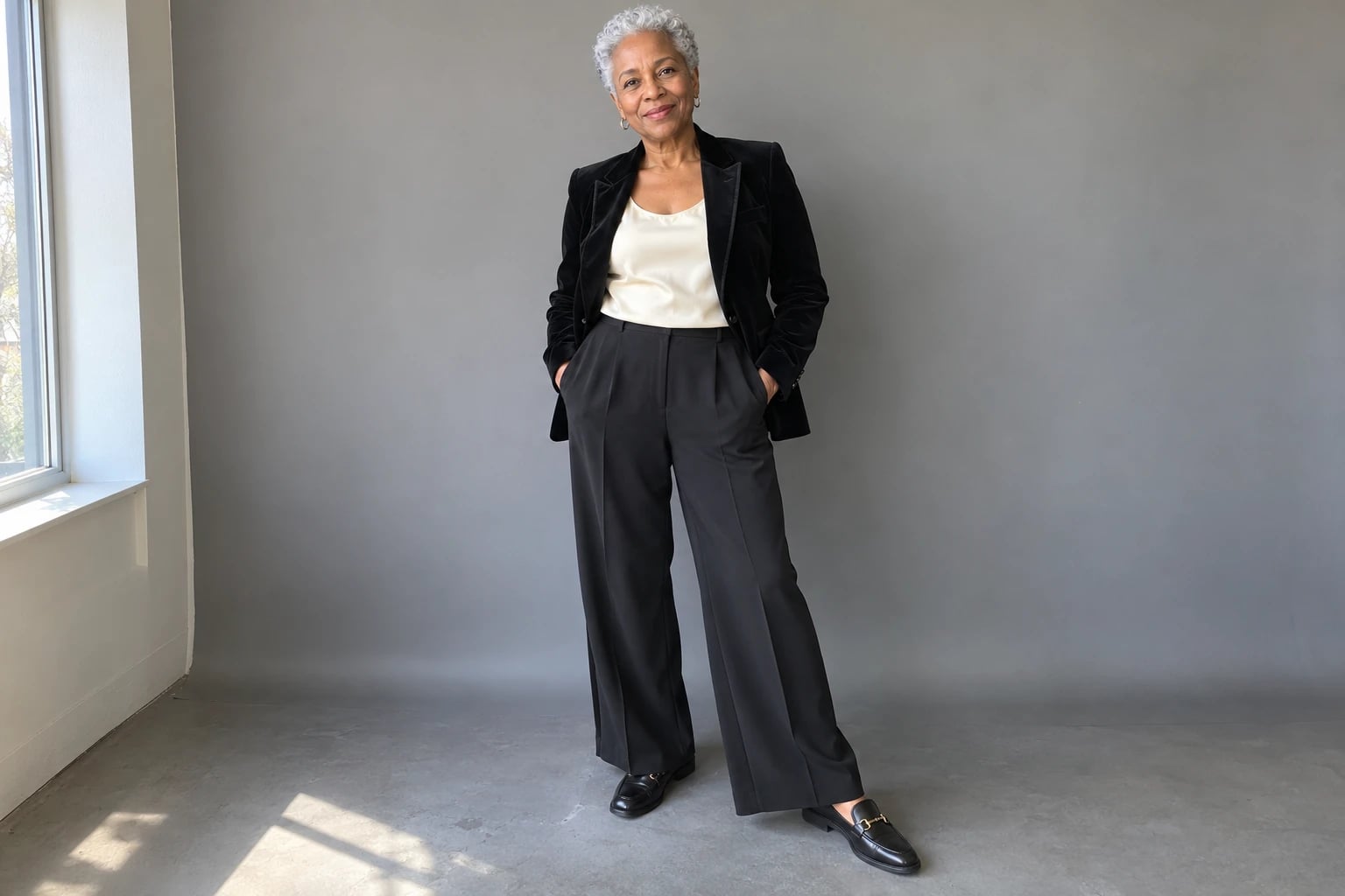 A woman in her sixties stands in a black velvet blazer over an ivory top with wide-leg black pants and loafers.