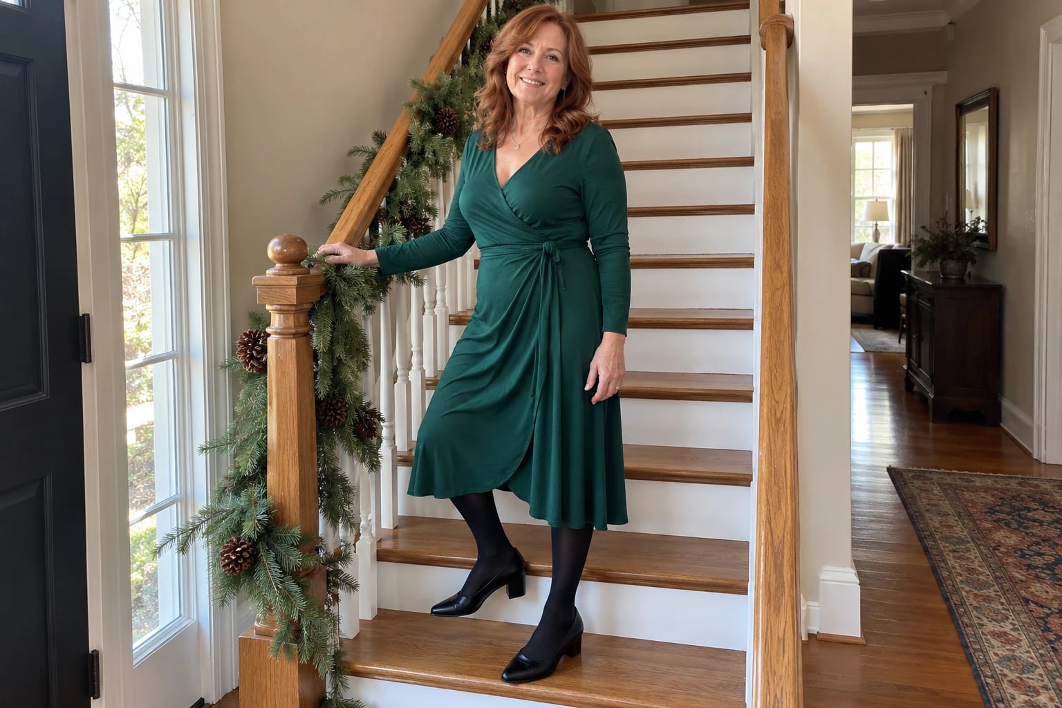 A woman in her late fifties descends a pine-garlanded staircase in an emerald wrap dress with sheer black tights and pumps.