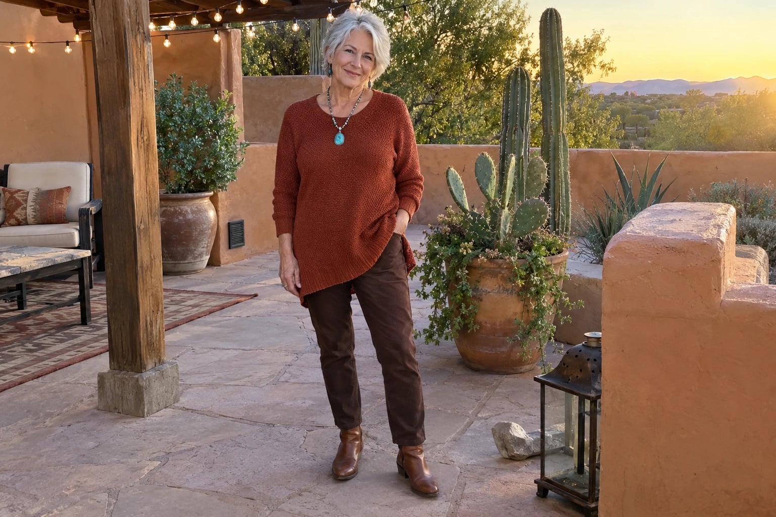 A woman in her sixties with short silver hair wears a rust tunic, brown pants and a turquoise necklace on an adobe patio.