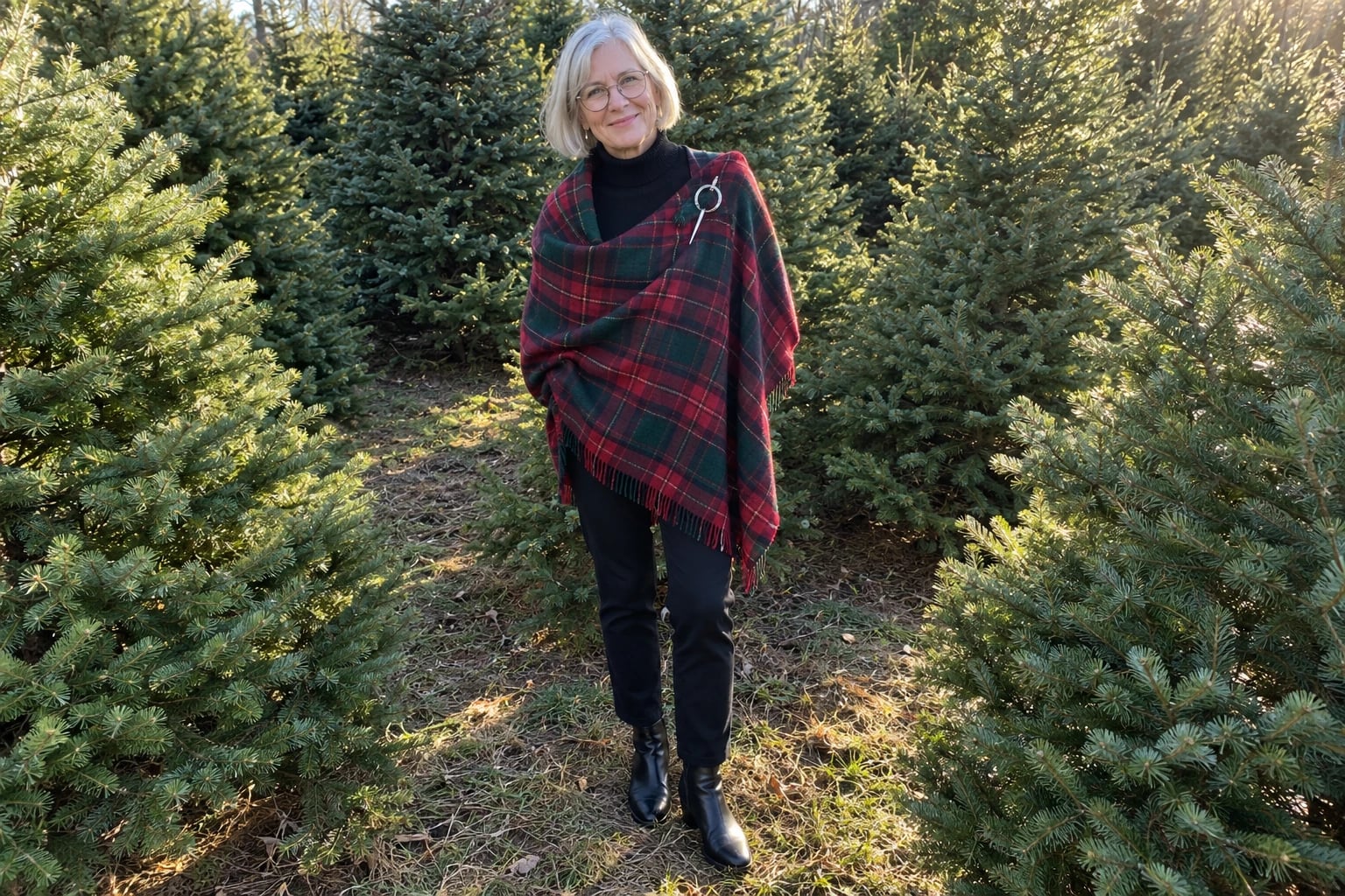 A gray-haired woman in round glasses stands among fir trees wearing a red tartan wrap pinned with a silver clasp over black.