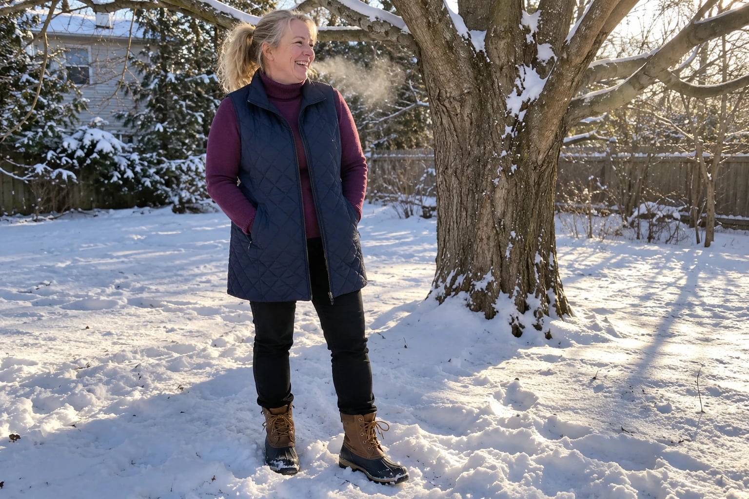 A woman in her late fifties laughs in a snowy yard wearing a navy quilted vest, plum turtleneck and duck boots.