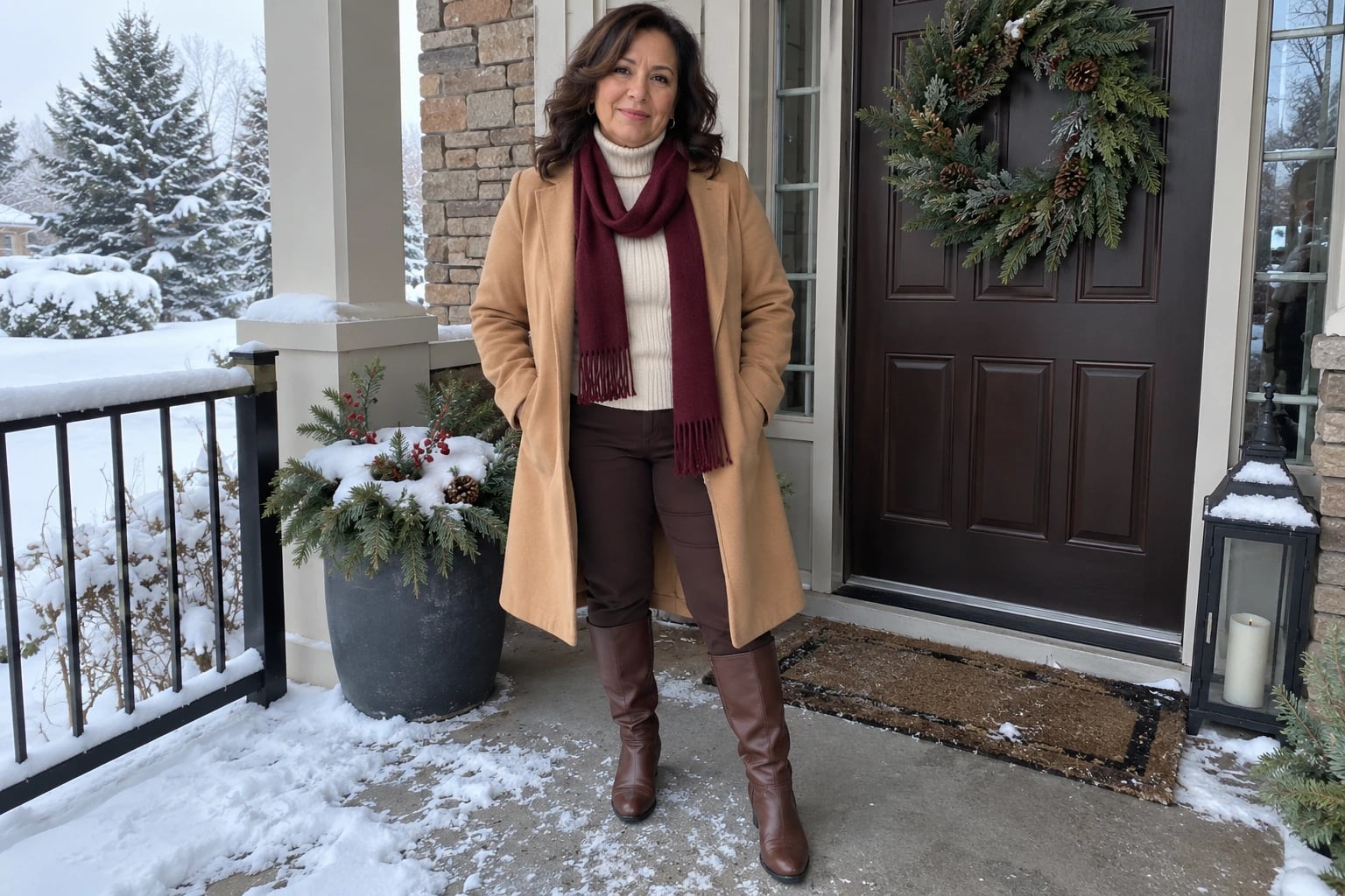 A woman in her sixties stands on a snowy porch in a camel wool coat, burgundy scarf and brown boots.