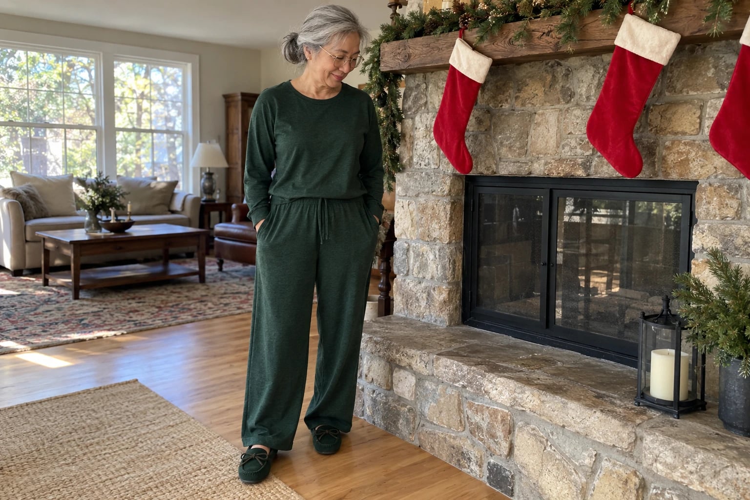 A gray-haired woman in her sixties wears a pine green pajama set beside a stone fireplace with red stockings.